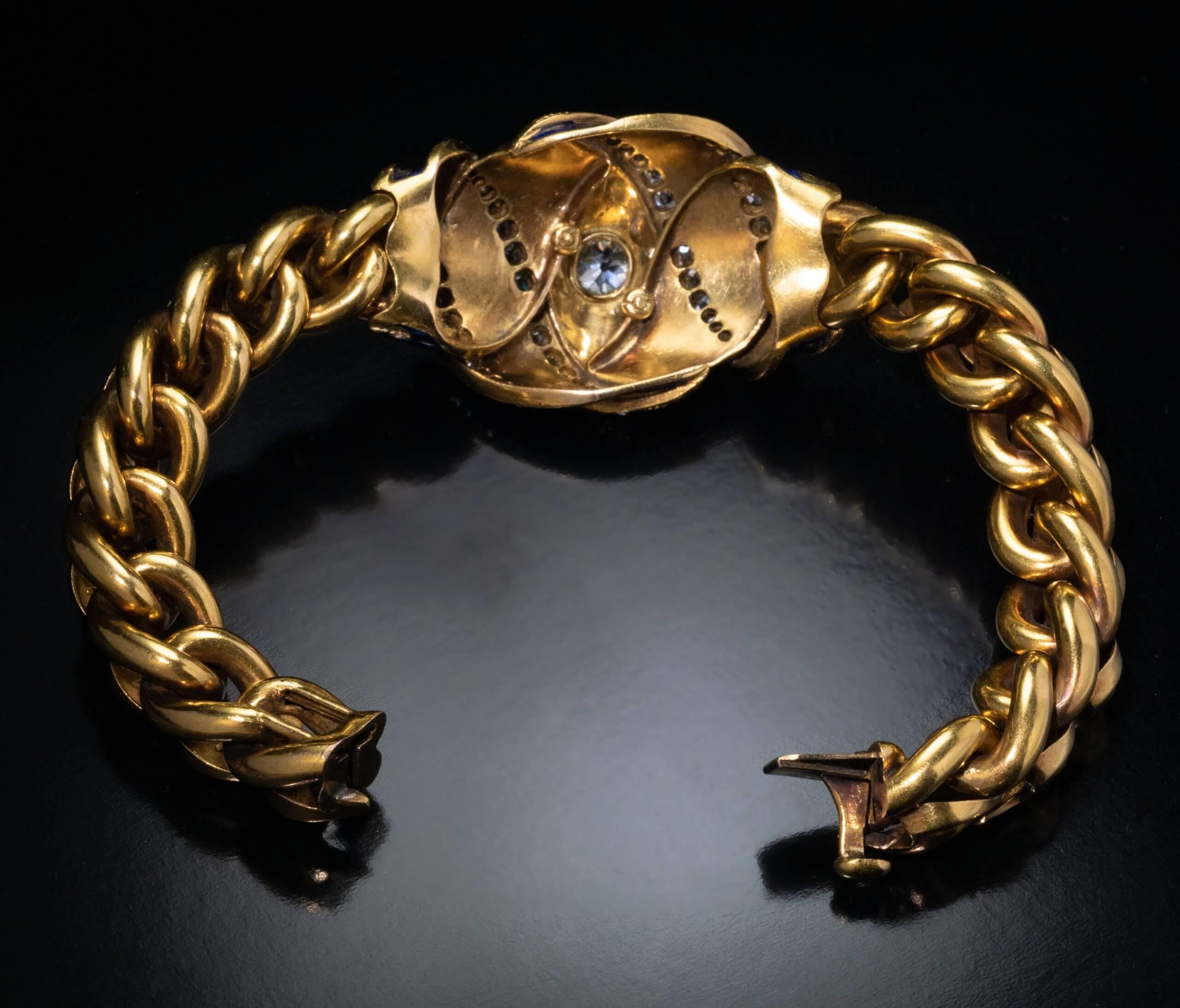 Pulsera antigua de oro con esmalte azul real y diamantes c. 1860 en Excelente estado para la venta en Chicago, IL