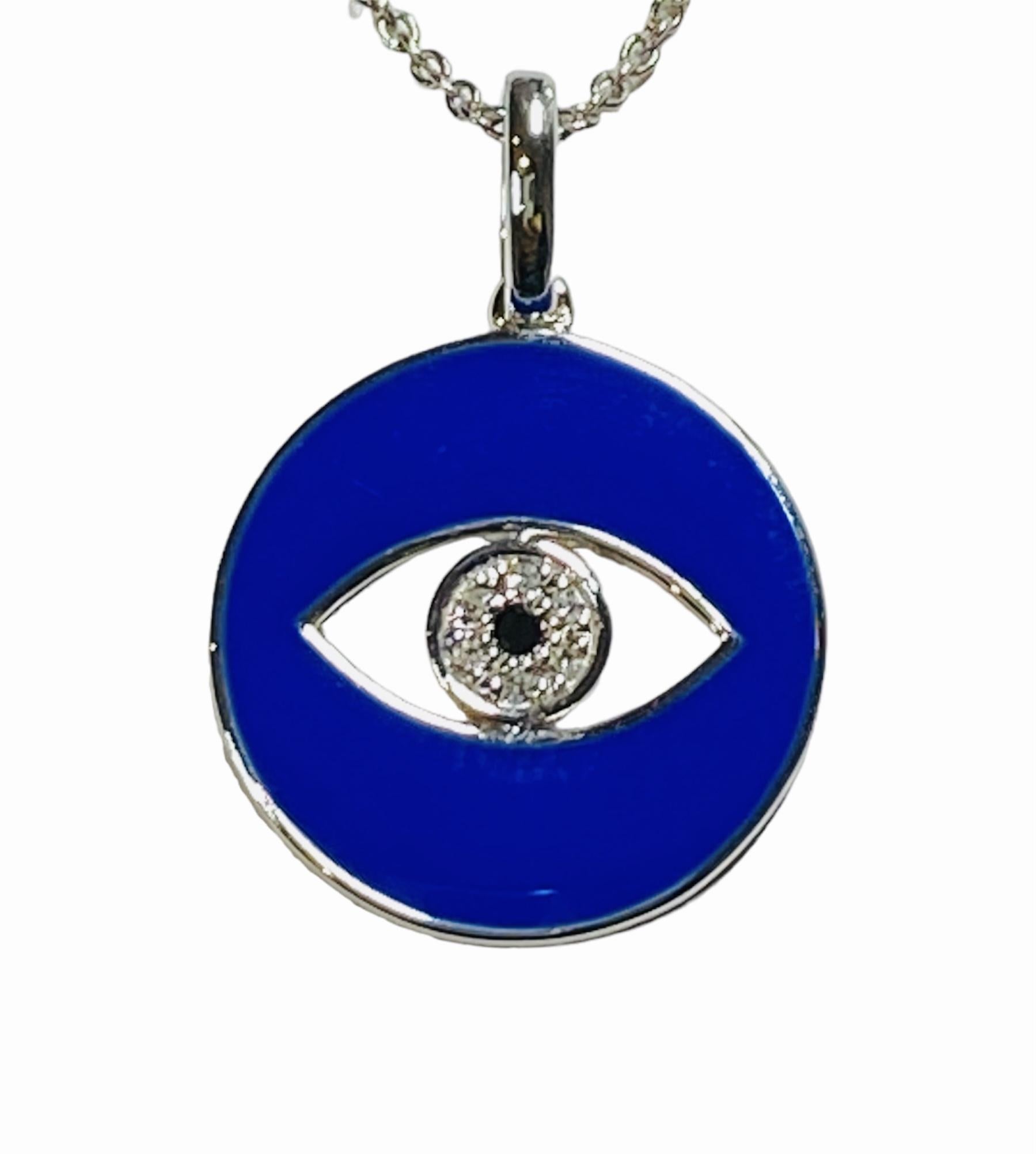 Solid 14K White Gold Evil Eye Diamond Necklace 
Fall in love with this Royal Blue Enamel Evil Eye high-polish pendant with natural diamonds.
The Evil Eye is an symbol of spiritual protection and good health. 

14K White Gold 


Royal Blue
0.05 total