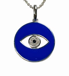Royal Blue Enamel Eye Of God Natürliche Diamant-Halskette aus 14k Weißgold