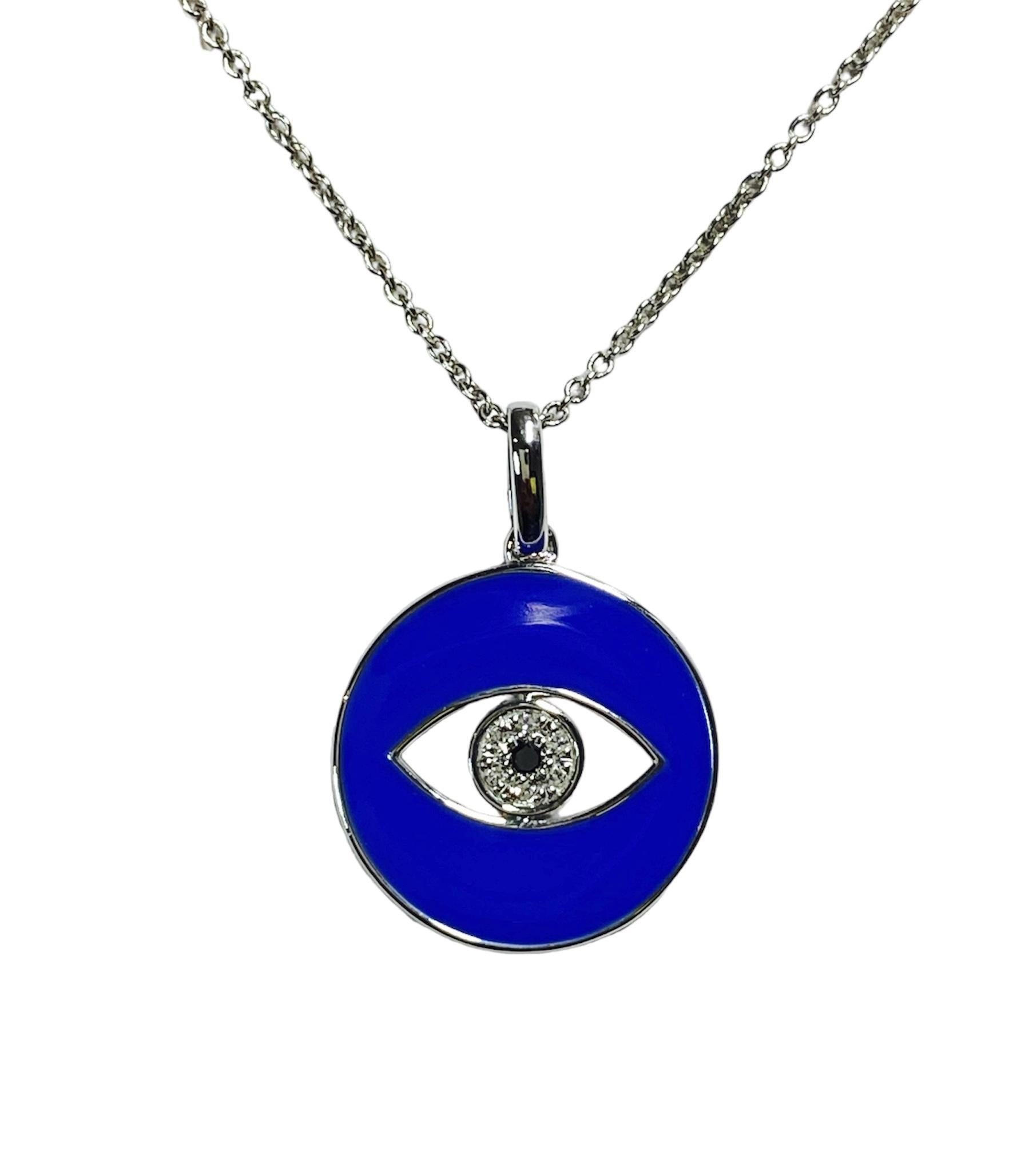 Modern Royal Blue Enamel Eye Of God Natural Diamond Necklace in 14k White Gold For Sale