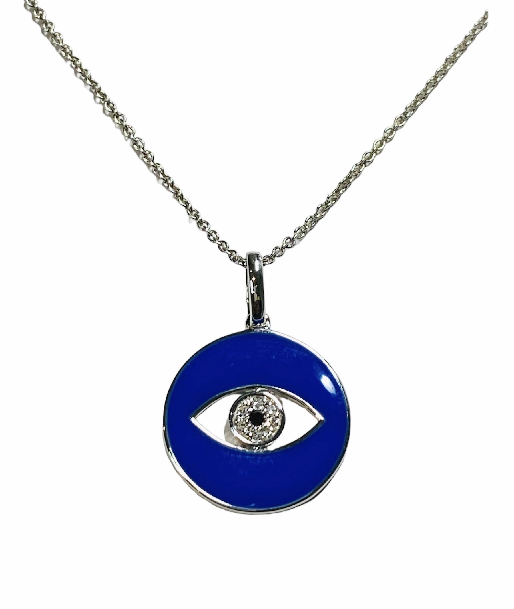 Round Cut Royal Blue Enamel Eye Of God Natural Diamond Necklace in 14k White Gold For Sale