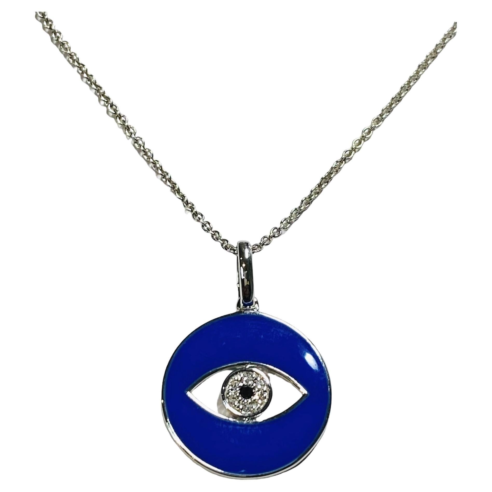 Royal Blue Enamel Eye Of God Natural Diamond Necklace in 14k White Gold For Sale