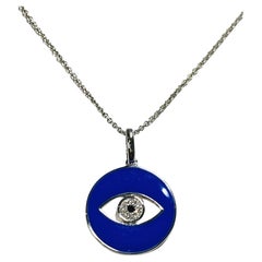 Royal Blue Enamel Eye Of God Natural Diamond Necklace in 14k White Gold