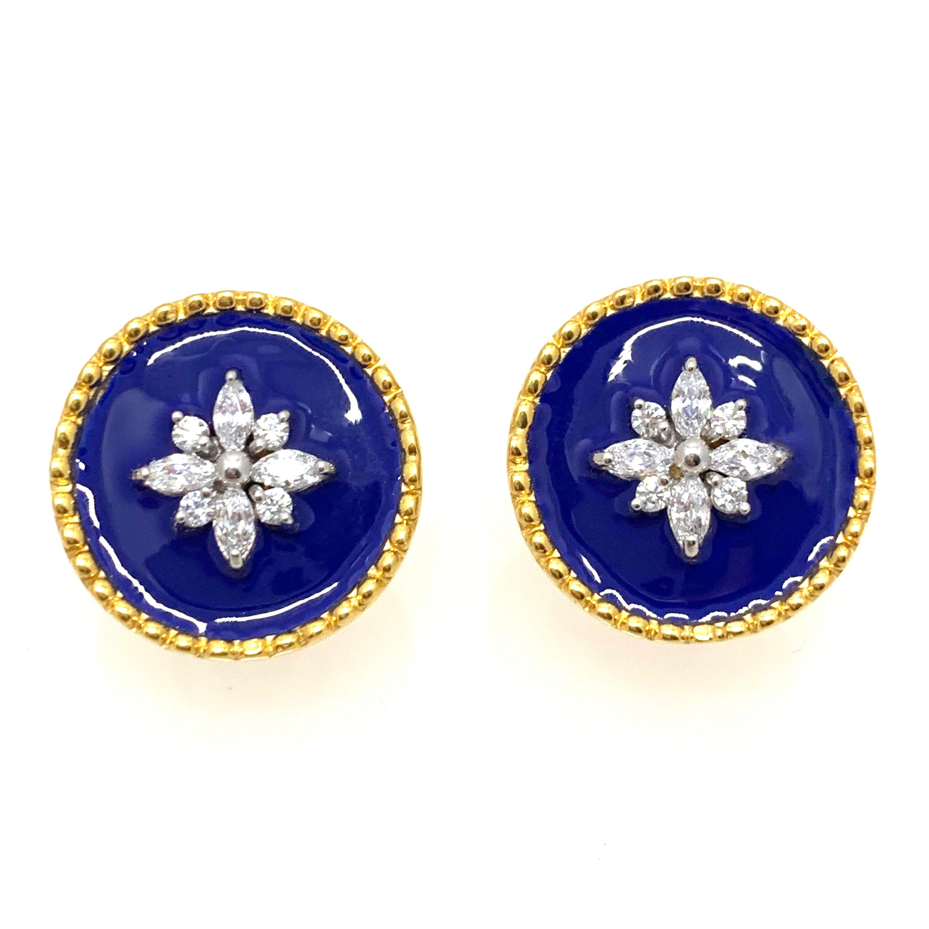 Stunning Royal Blue Enamel Flower Round Disc Sterling Silver Vermeil Earrings

This modern-style earrings features marquis and round simulated diamond cz handset in 18k gold vermeil sterling silver and layered over with beautiful royal blue enamel -