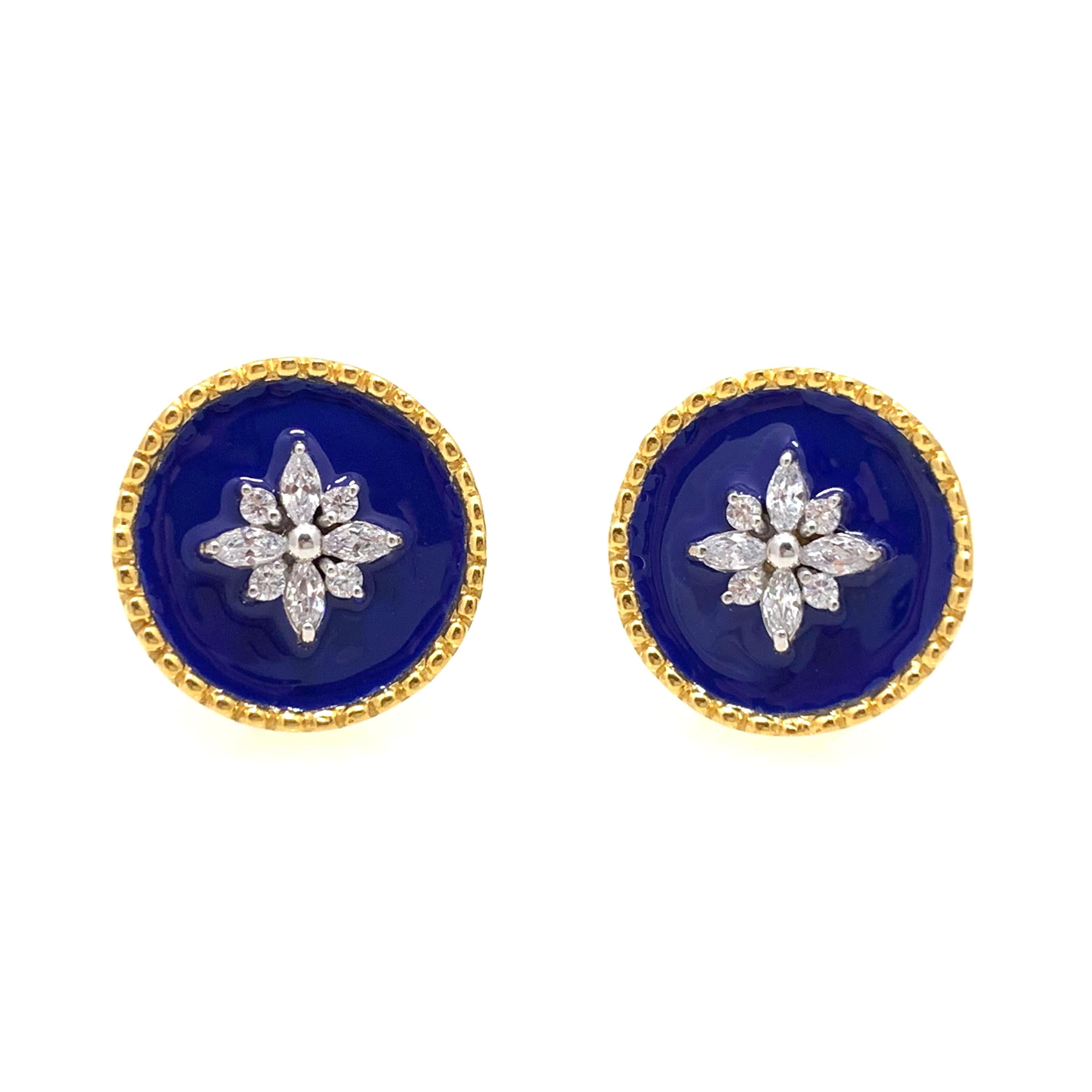 Contemporary Royal Blue Enamel Flower Round Disc Sterling Silver Earrings