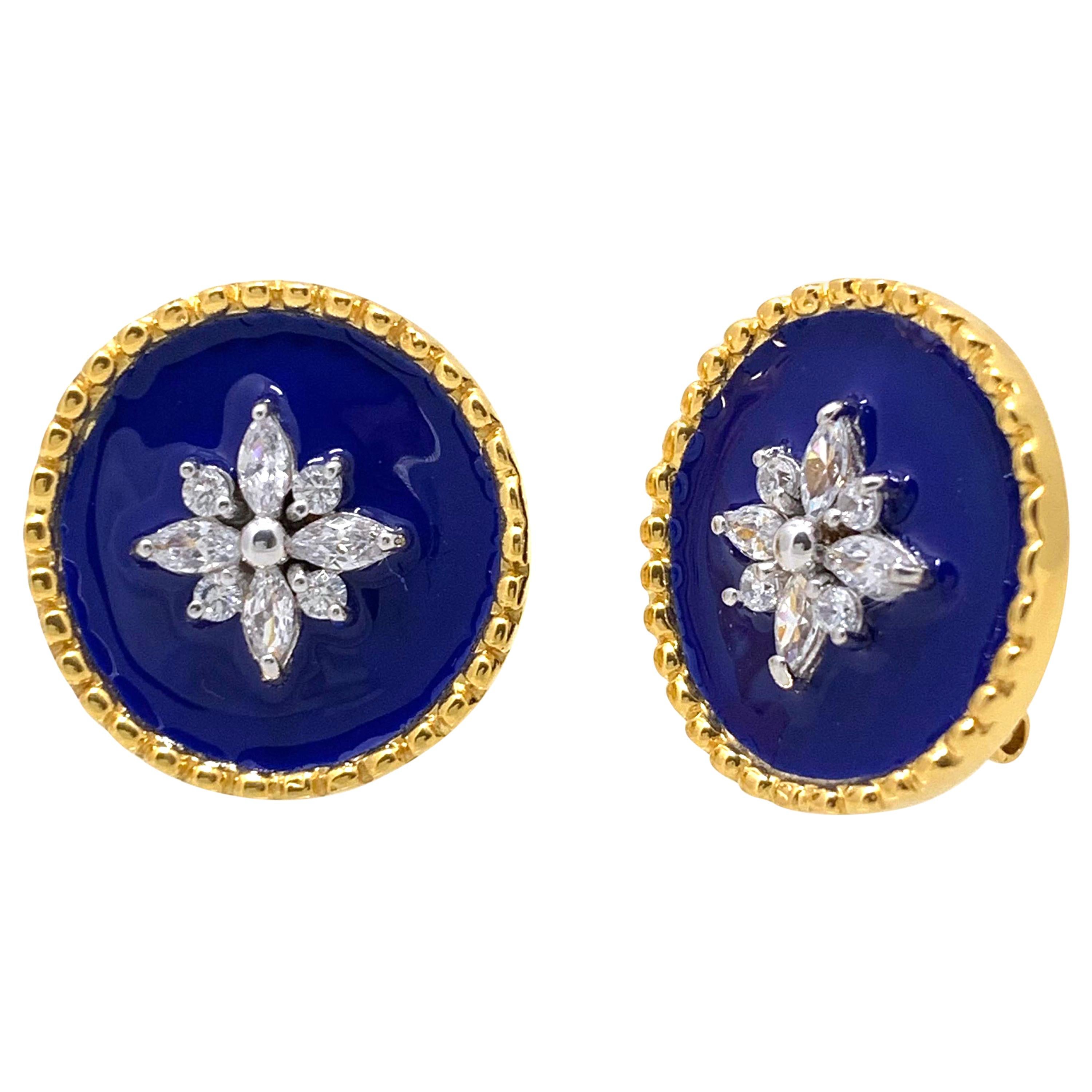 Royal Blue Enamel Flower Round Disc Sterling Silver Earrings