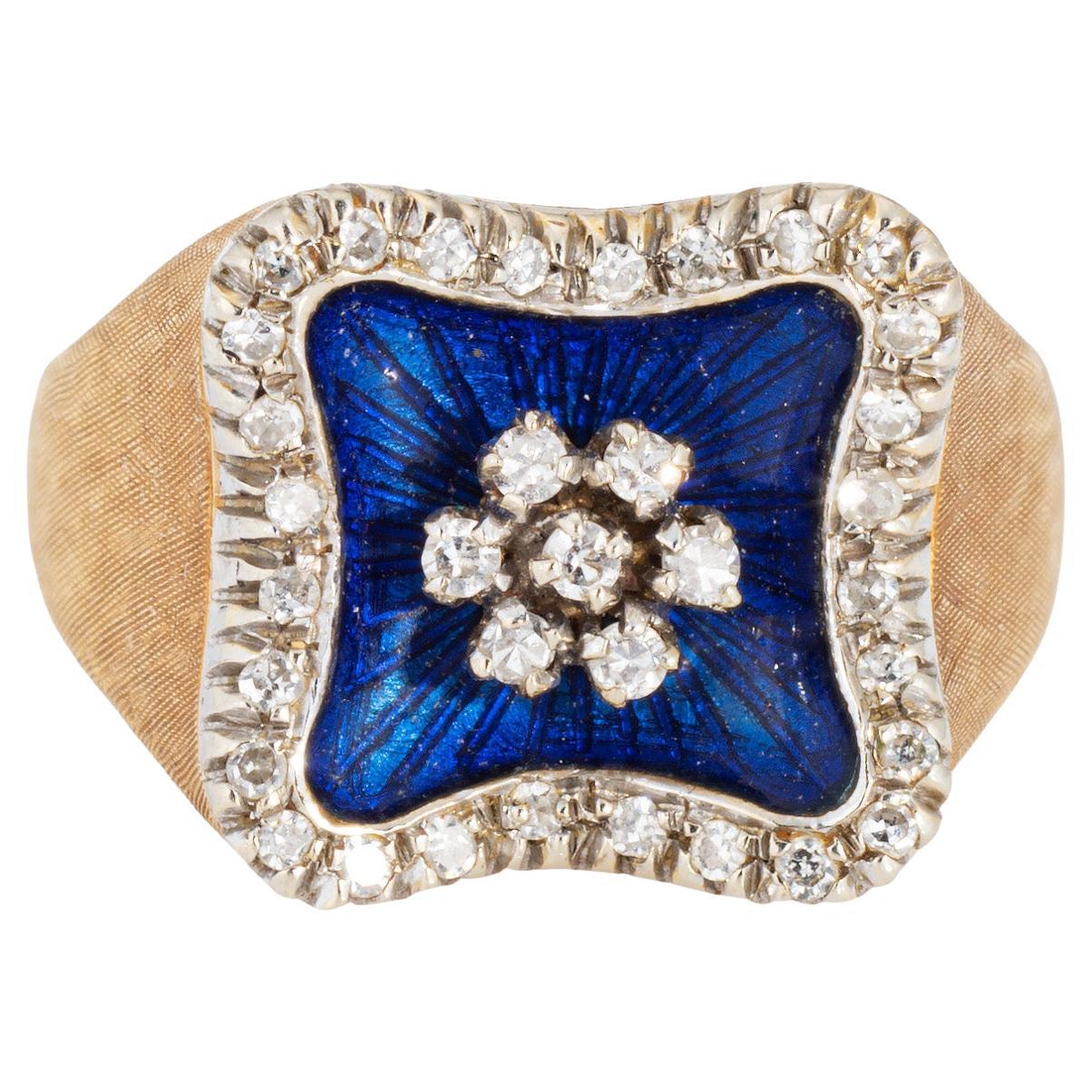 Royal Blue Enamel Square Ring Diamond Vintage Sz 5.75 18k Yellow Gold Jewelry