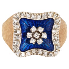 Royal Blue Enamel Square Ring Diamond Vintage Sz 5.75 18k Yellow Gold Jewelry