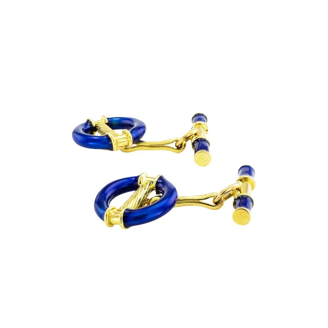 Round royal blue enamel and yellow gold cufflinks circa 1970. Jacob's Diamond & Estate Jewelry.

ABOUT THIS ITEM:  #P-DJ131F. Scroll down for detailed specifications.  These round royal blue enamel open-face yellow gold cufflinks are the epitome of