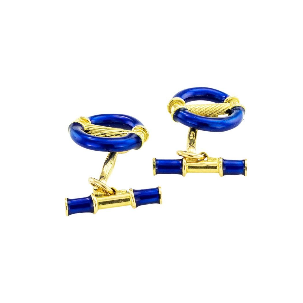 Modern Royal Blue Enamel Yellow Gold Cufflinks For Sale