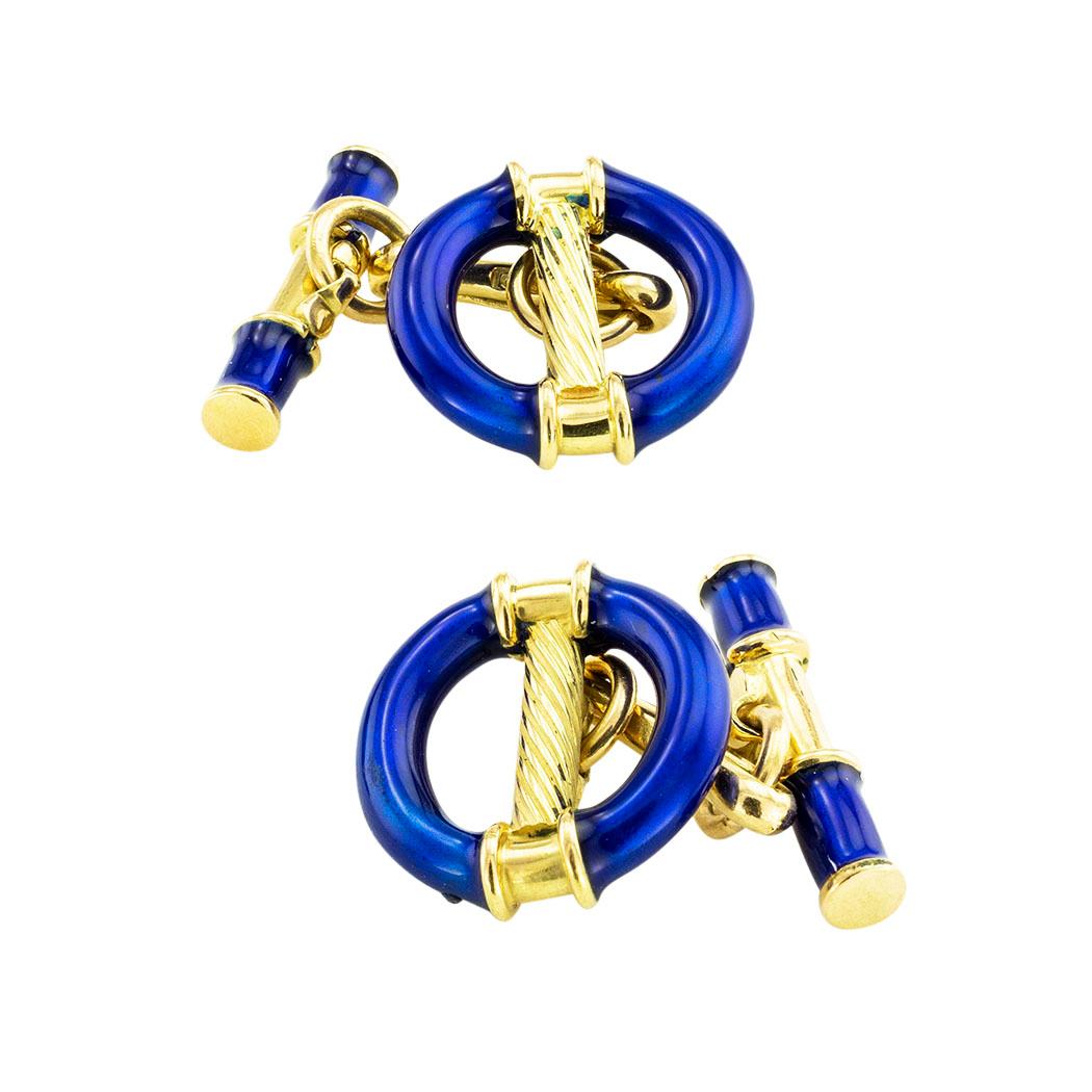 Royal Blue Enamel Yellow Gold Cufflinks In Good Condition For Sale In Los Angeles, CA