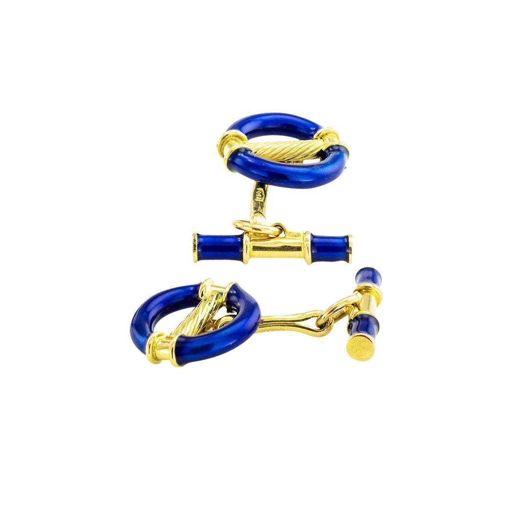Women's or Men's Royal Blue Enamel Yellow Gold Cufflinks For Sale