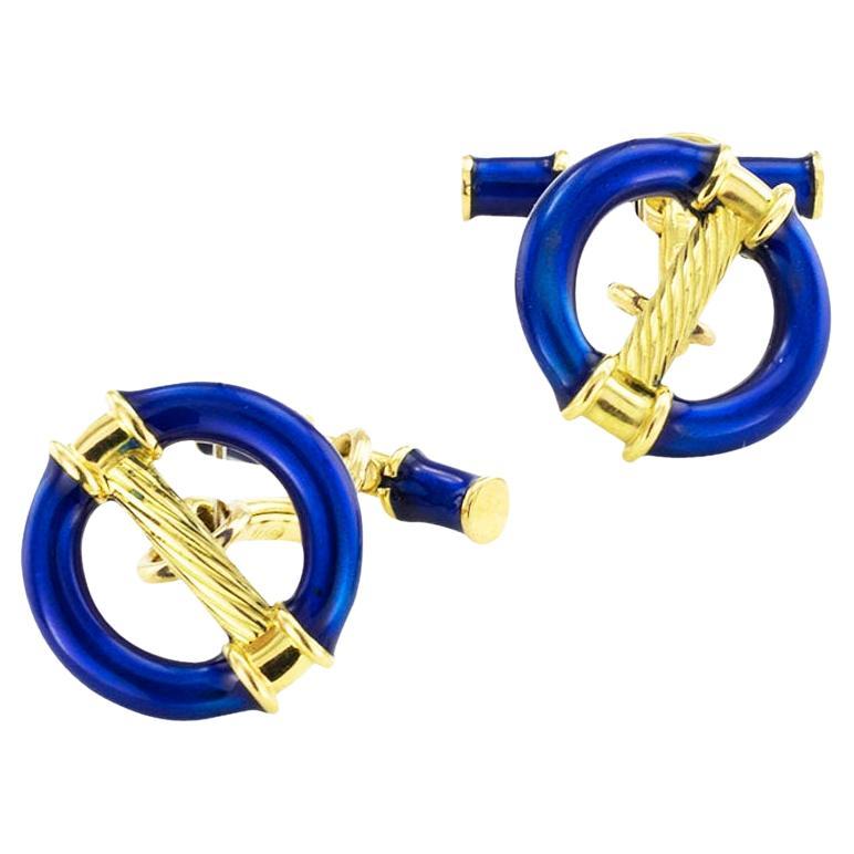 Boutons de manchette en or jaune et émail bleu royal