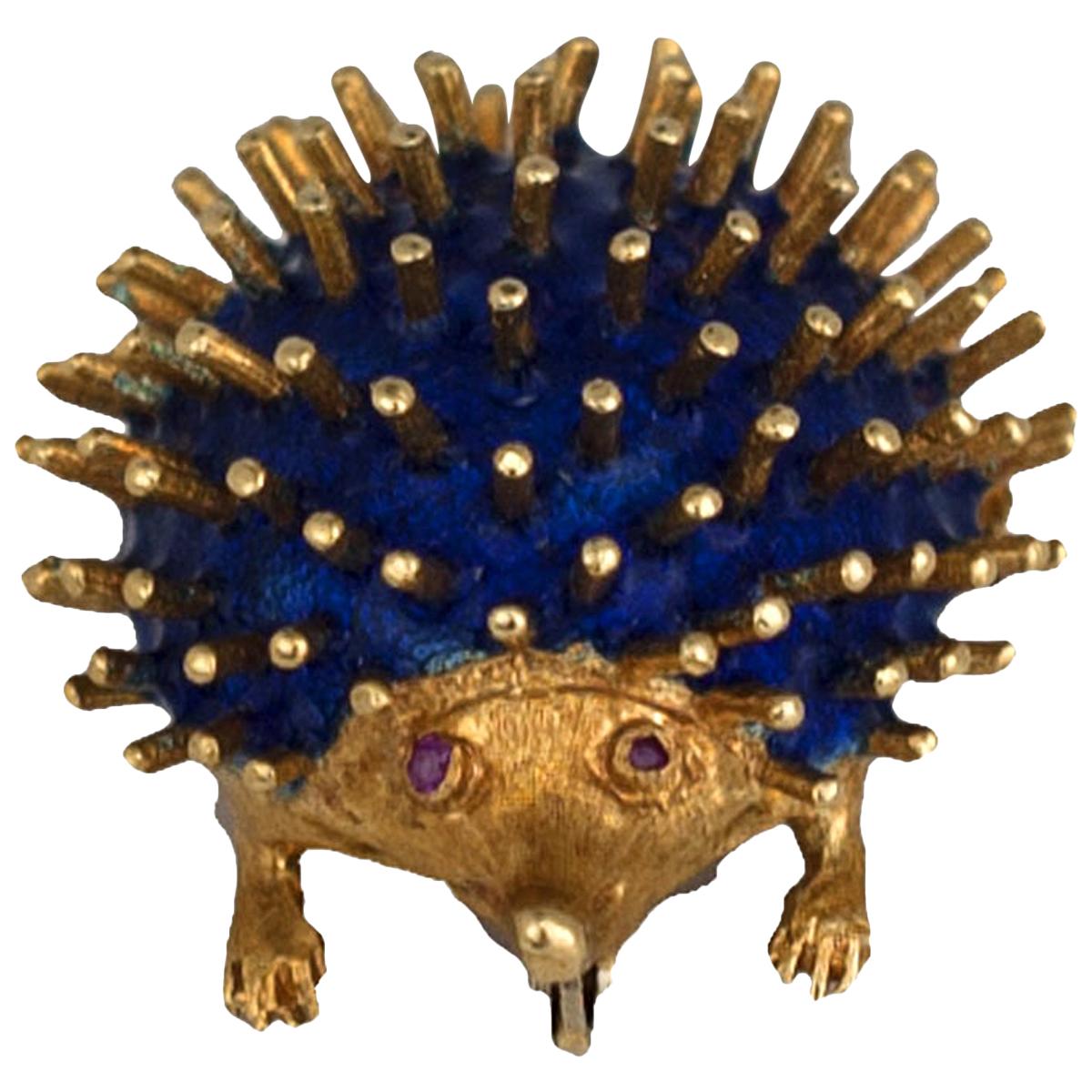 Royal Blue Enameled, Hedgehog Ruby Pin, Hallmarked, CG, 750 Gold For Sale