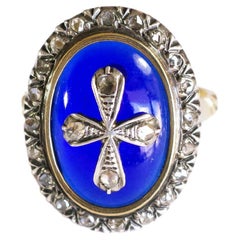 Royal blue glass diamond cross ring in gold and silver, firmament ring
