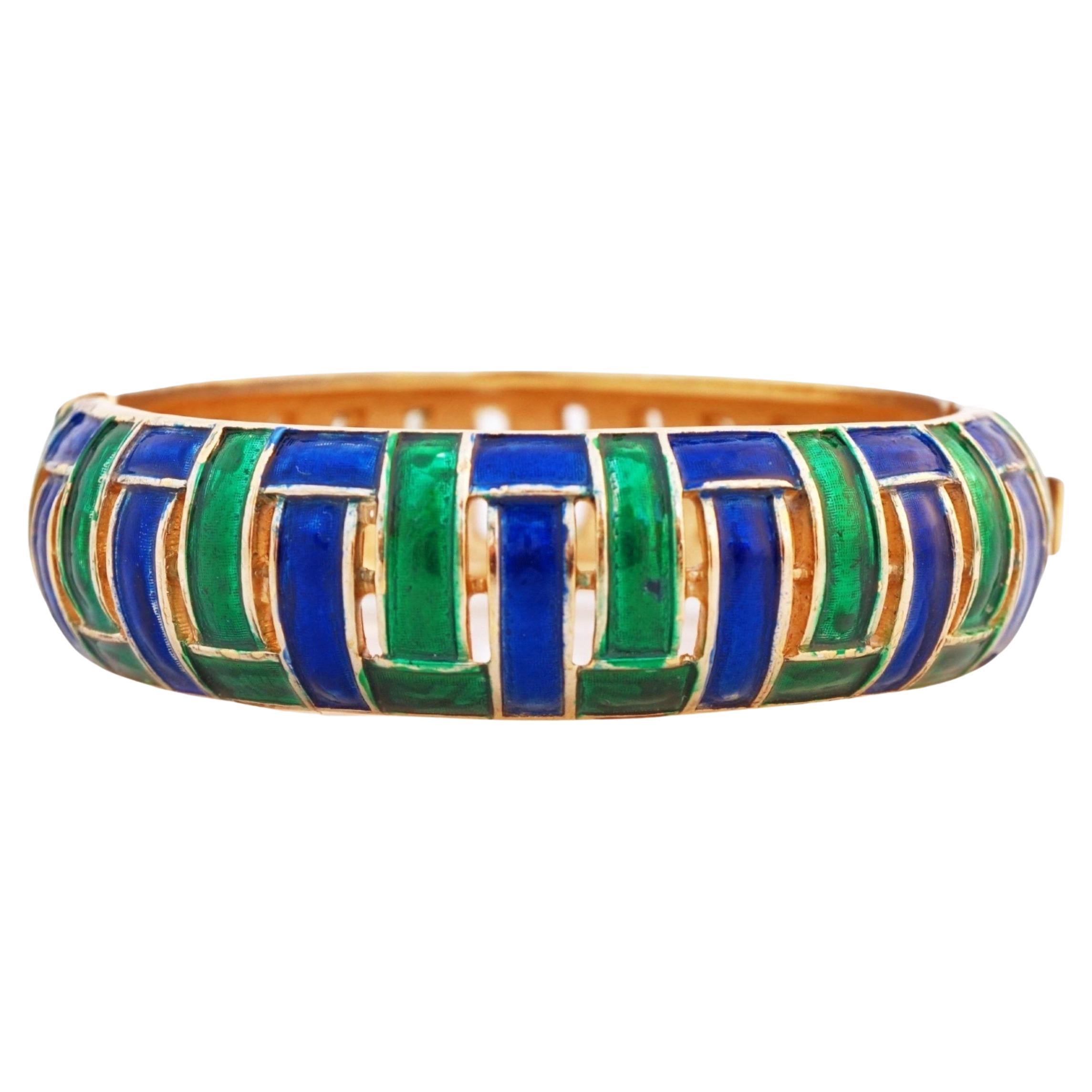 Royal Blue & Green Enamel Hinged Bangle Bracelet By Crown Trifari, 1960s