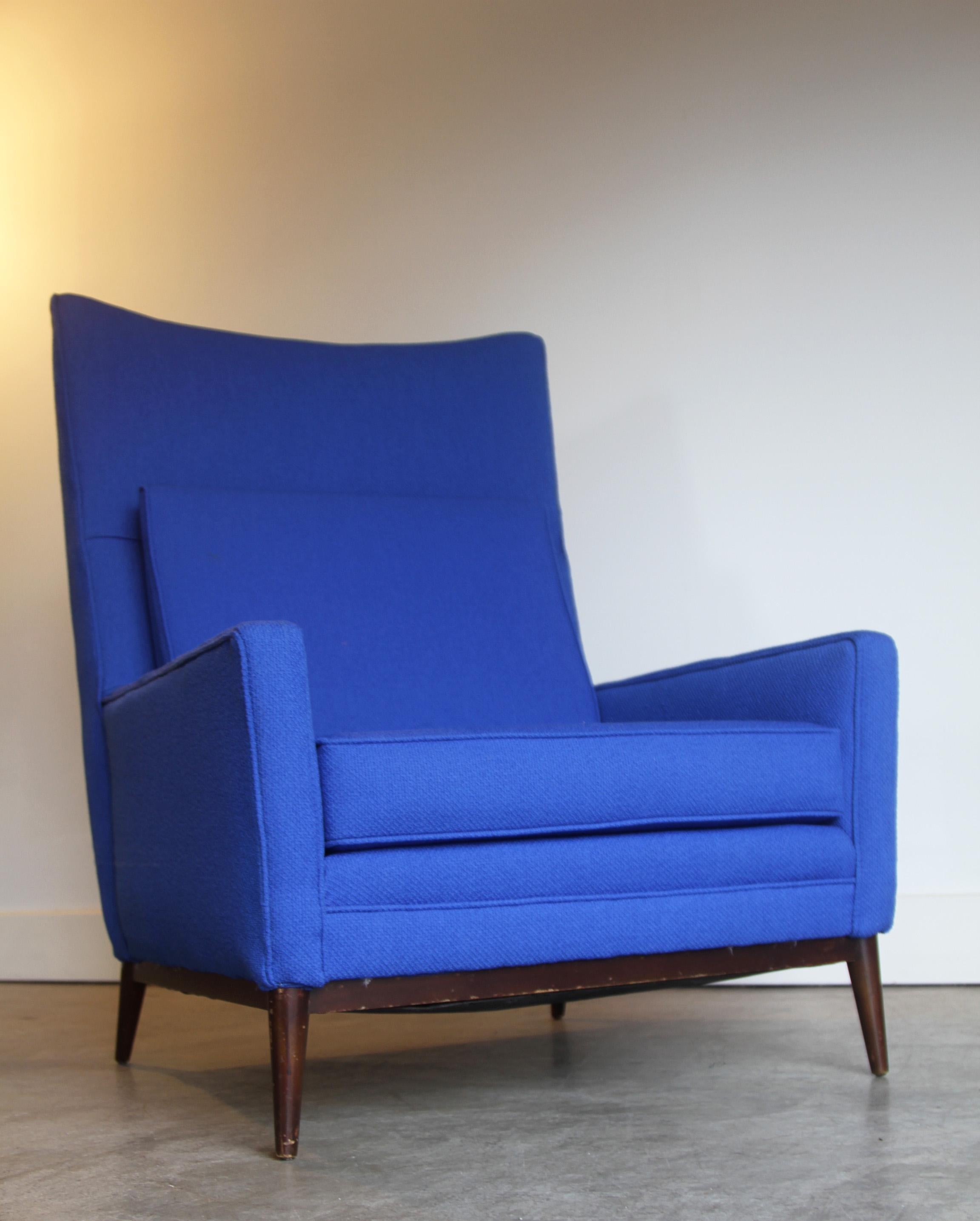 Walnut Royal Blue High Back Paul McCobb Armchair For Sale