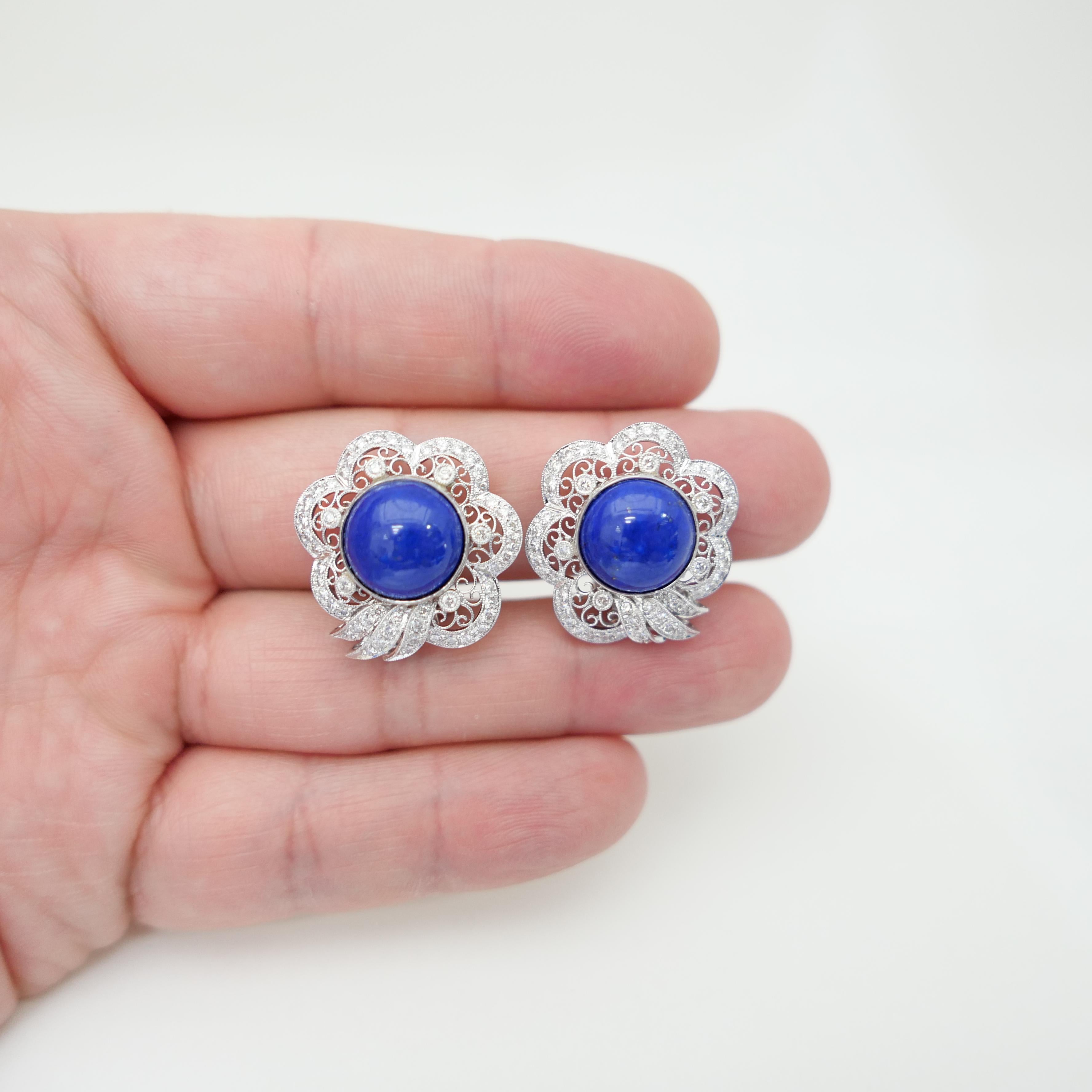 Round Cut Royal Blue Lapis Lazuli 11.5mm  & Diamond Earrings With Gold Veins & Gold Spots For Sale