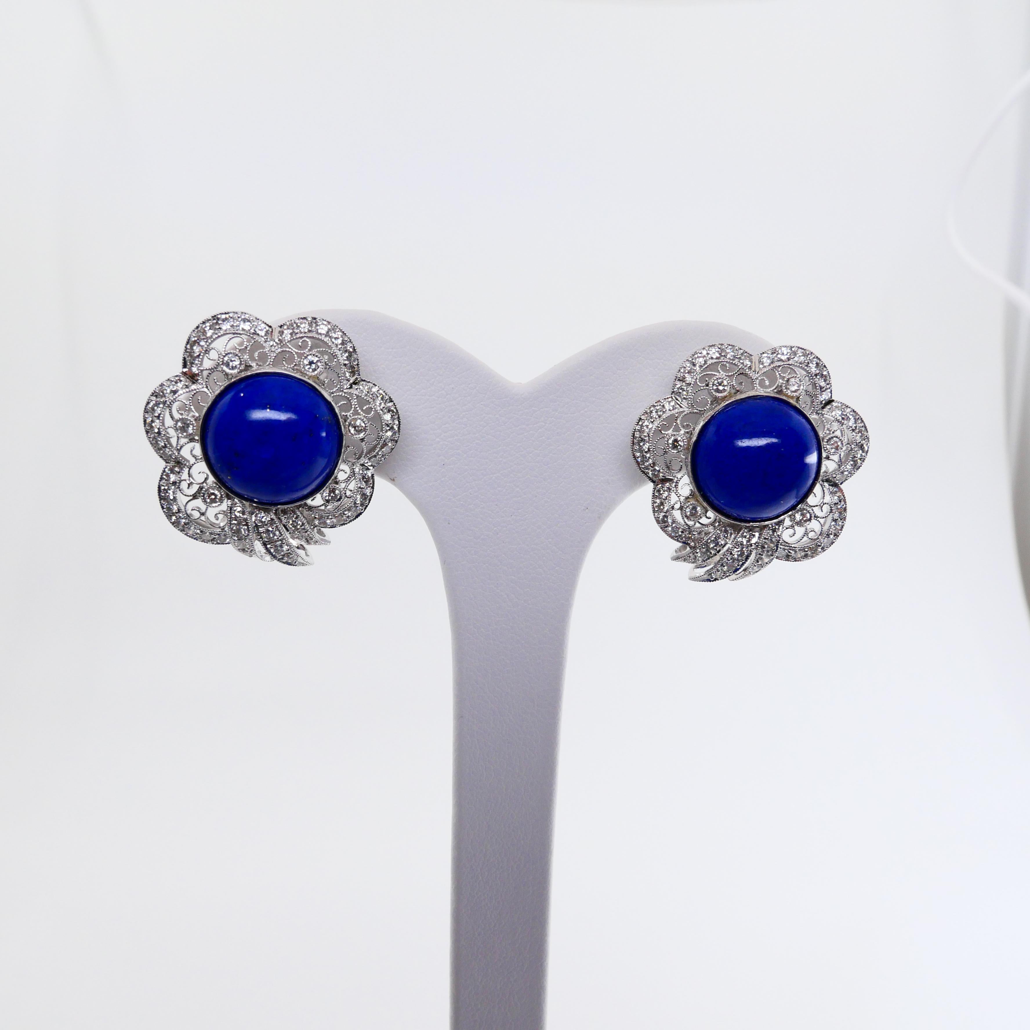 Royal Blue Lapis Lazuli 11.5mm  & Diamond Earrings With Gold Veins & Gold Spots In New Condition For Sale In Hong Kong, HK