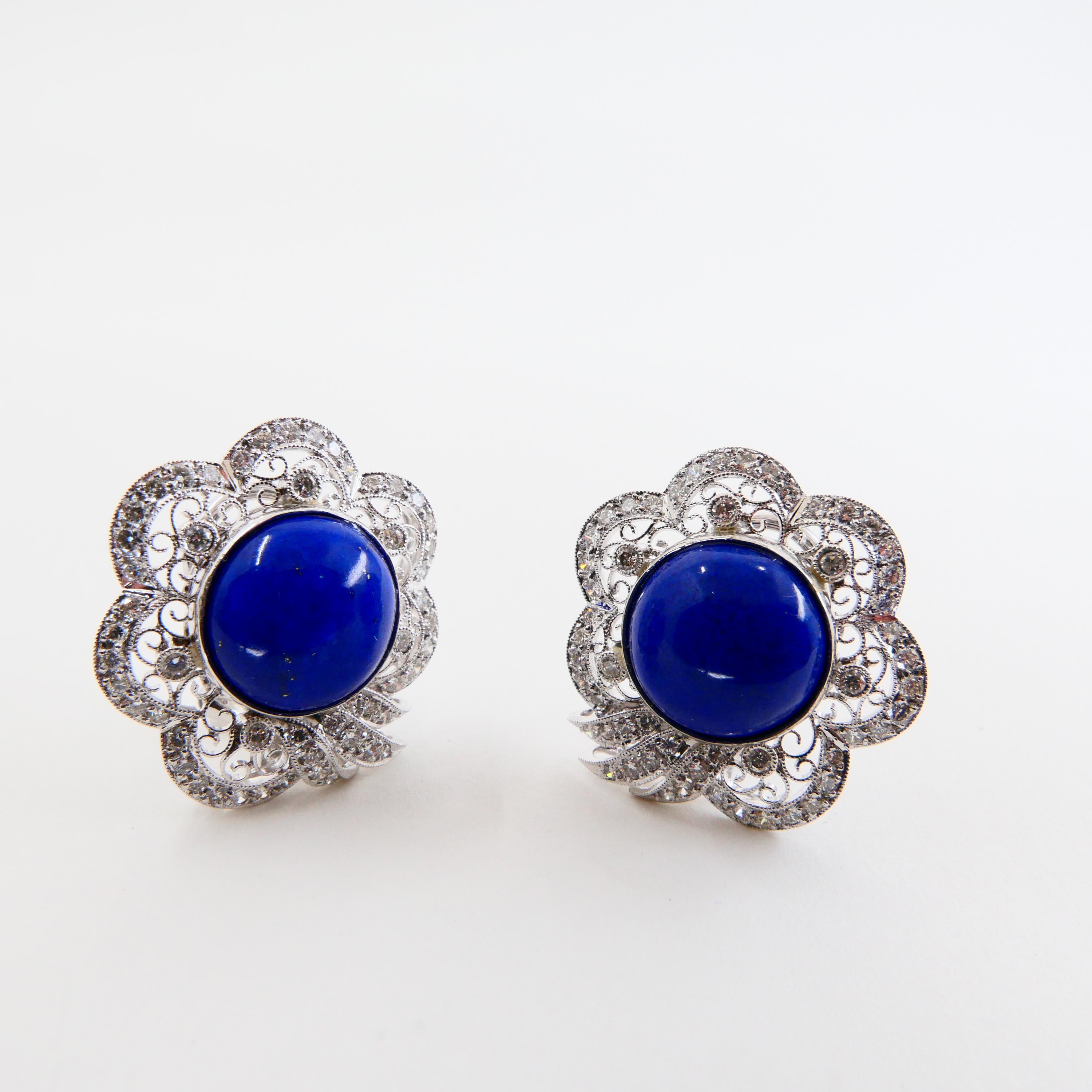 Royal Blue Lapis Lazuli 11.5mm  & Diamond Earrings With Gold Veins & Gold Spots For Sale 2