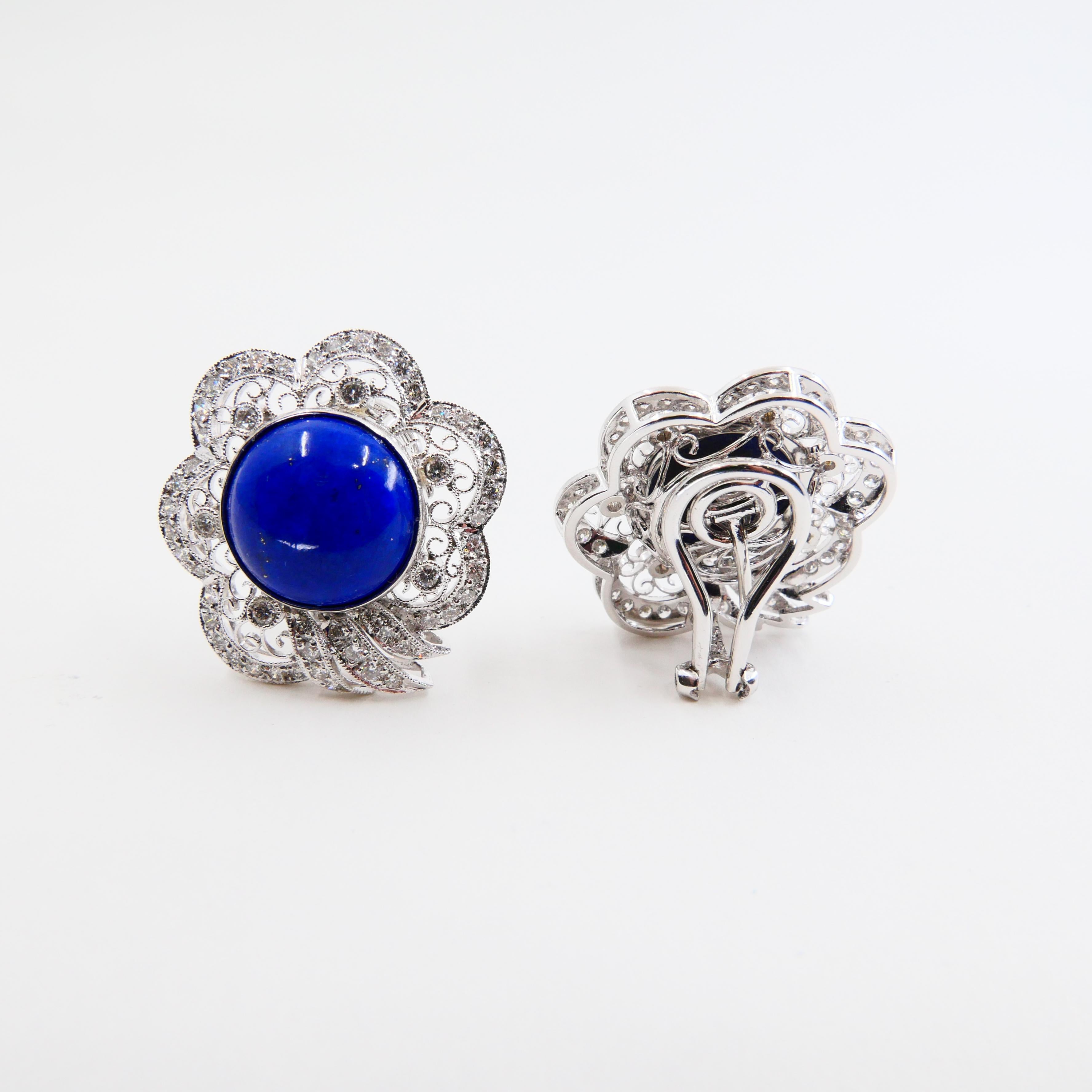 Round Cut Royal Blue Lapis Lazuli And Diamond Earrings With Natural Gold Veins & Spots For Sale