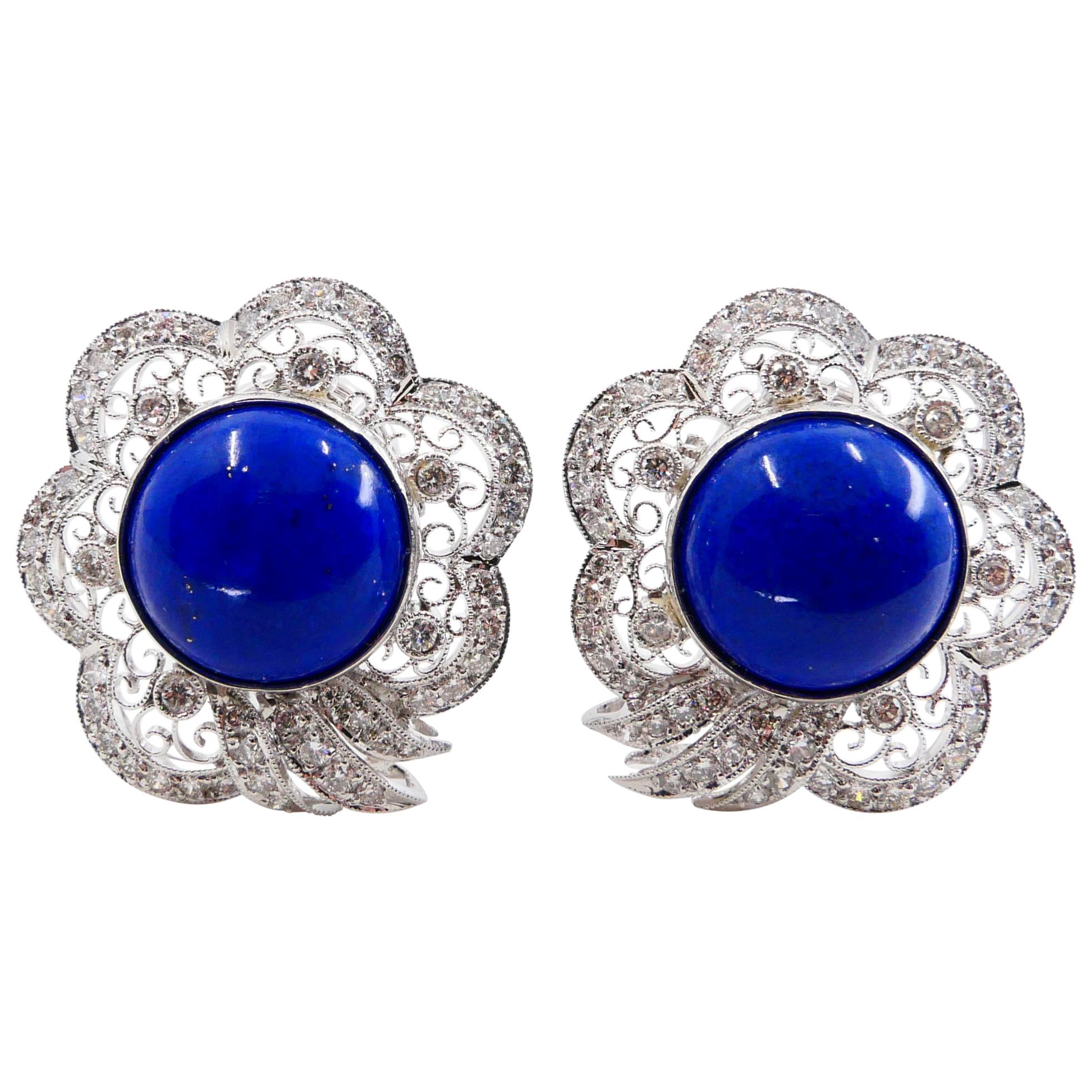 Royal Blue Lapis Lazuli And Diamond Earrings With Natural Gold Veins & Spots For Sale 1