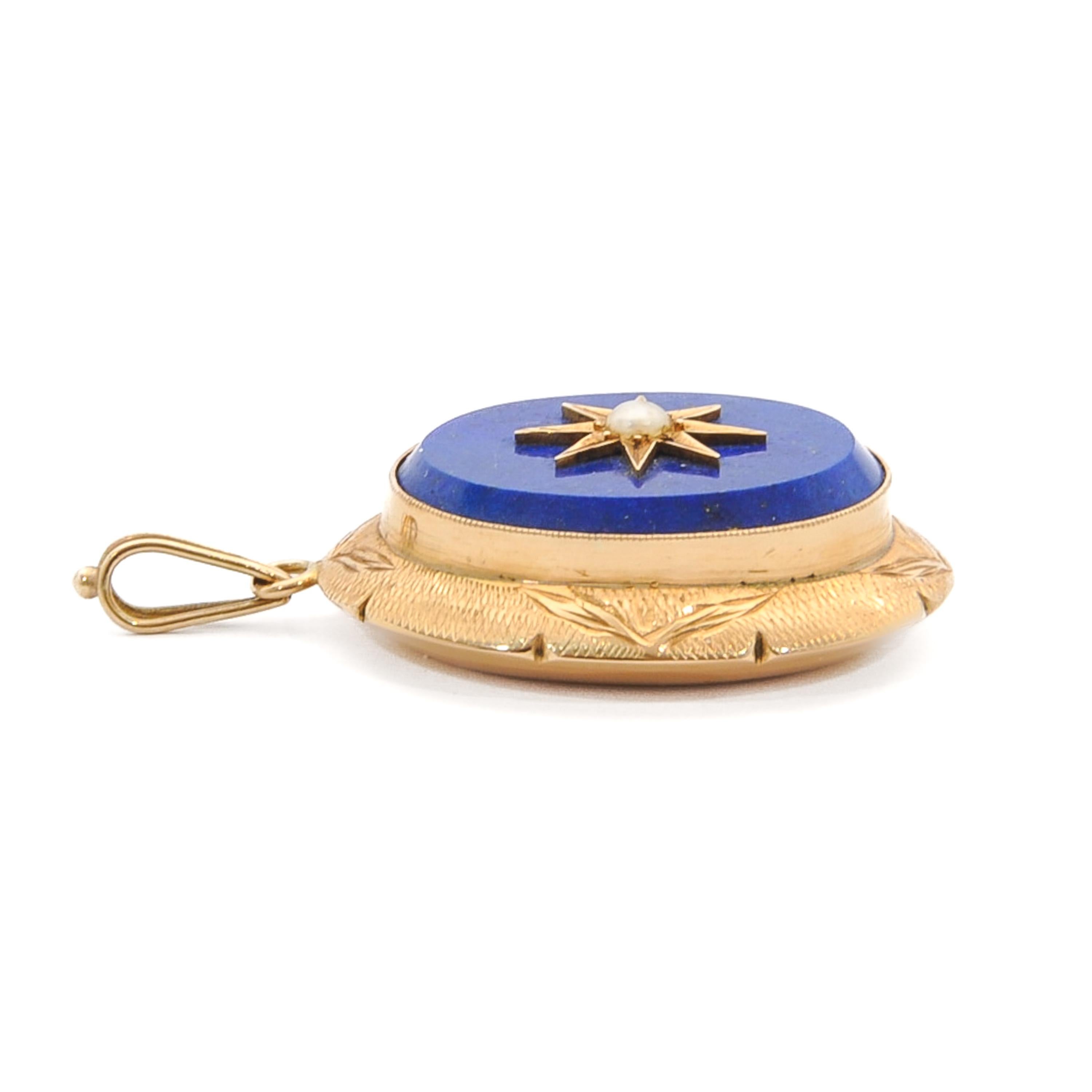 Vintage Lapis Lazuli Pearl 14 Karat Gold Pendant For Sale 2