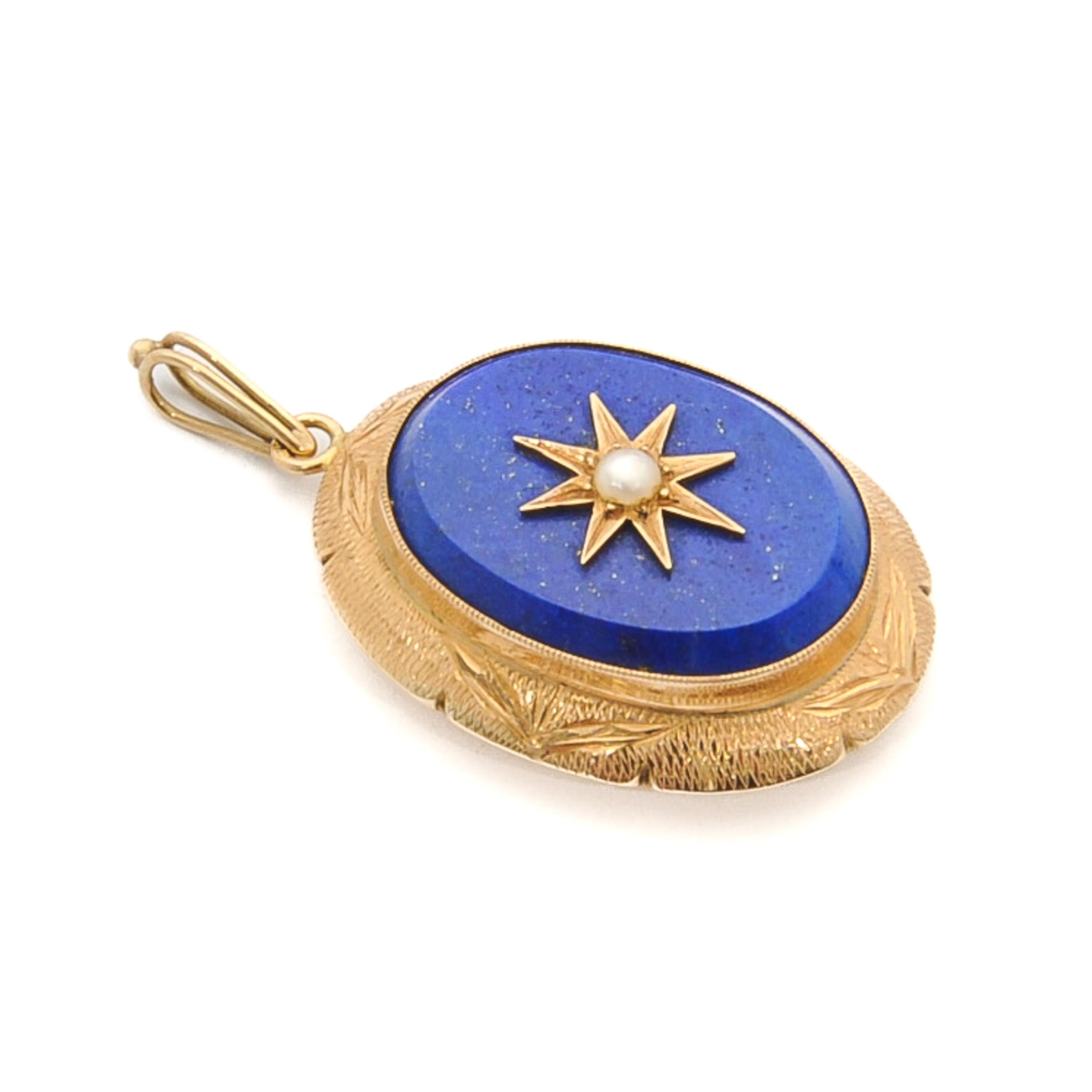 Vintage Lapis Lazuli Pearl 14 Karat Gold Pendant For Sale 3