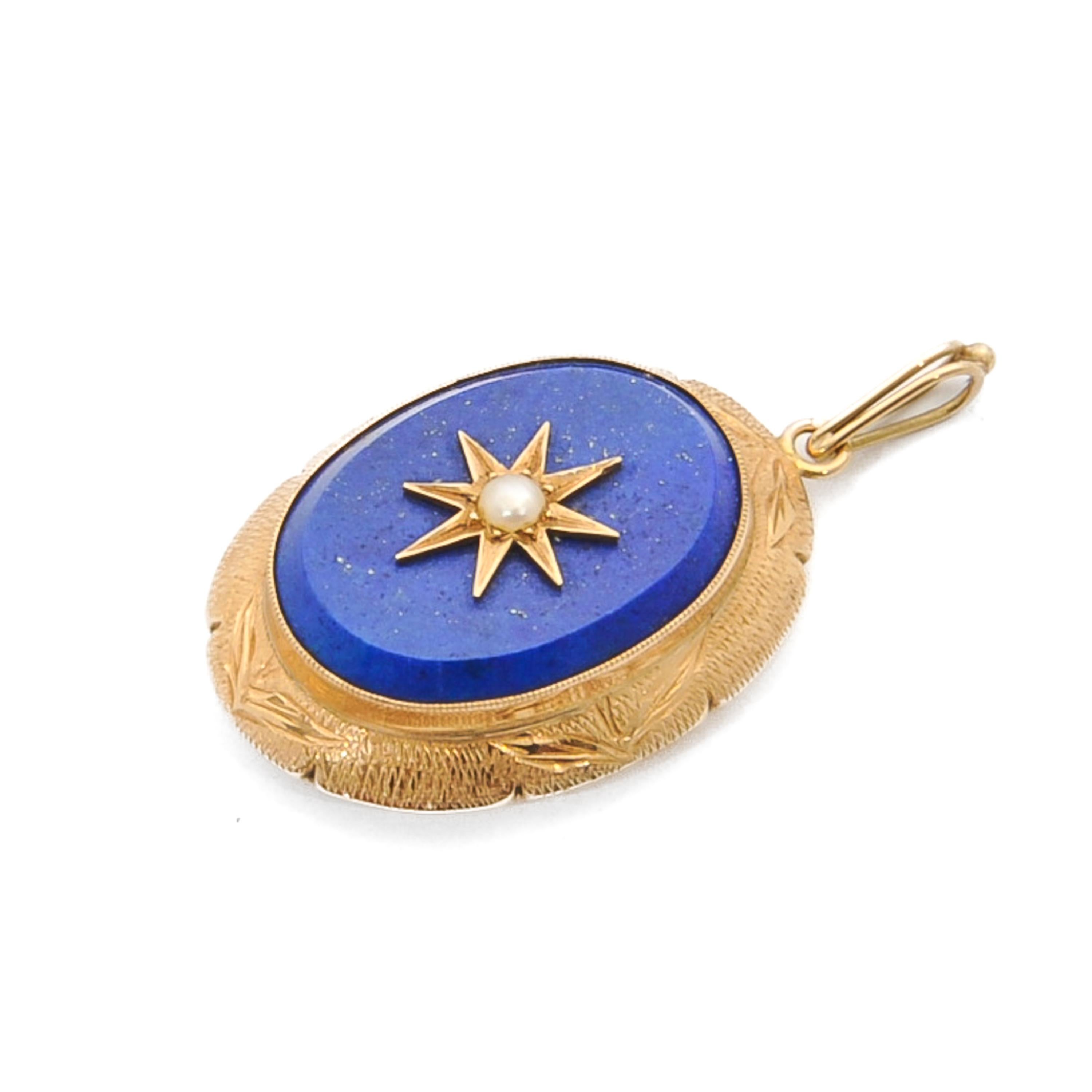 Women's or Men's Vintage Lapis Lazuli Pearl 14 Karat Gold Pendant For Sale