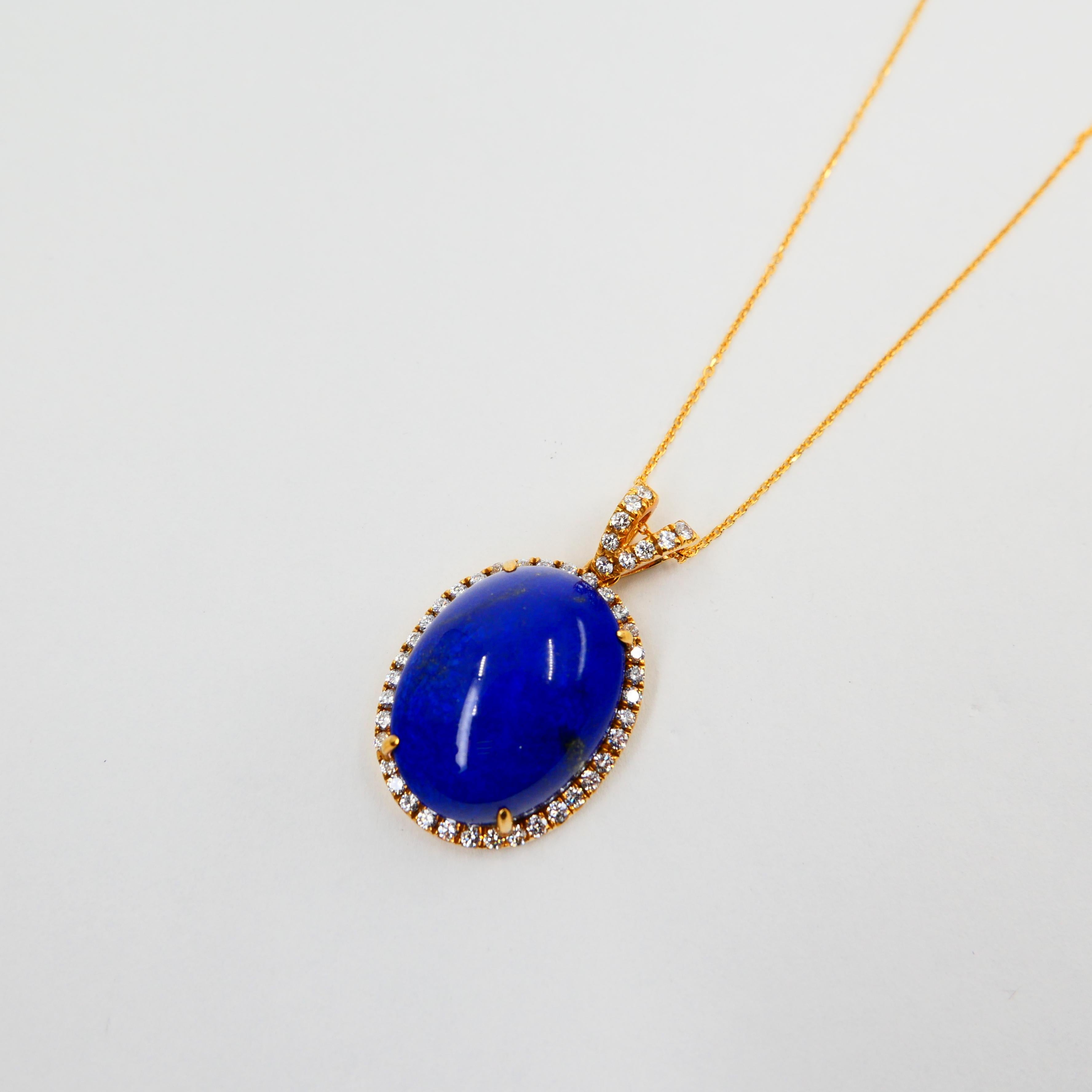 Oval Cut Royal Blue Lapis Lazuli & Diamond Pendant Drop Necklace, Gold Veins & Gold Spots For Sale
