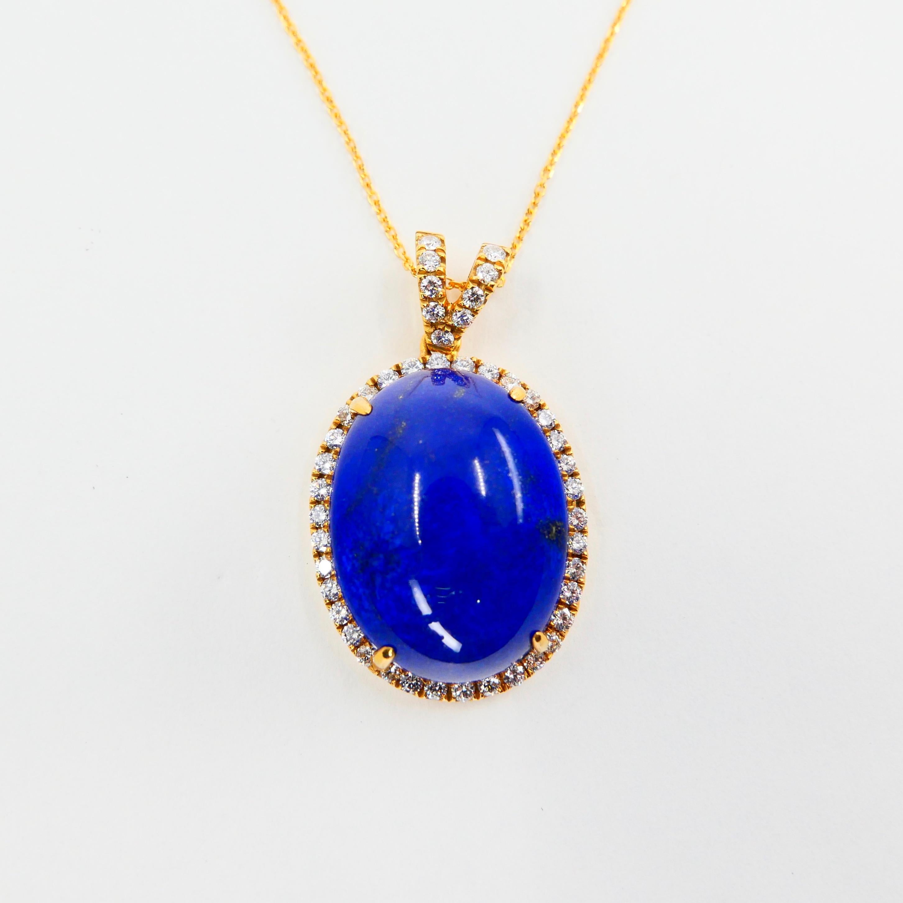 Royal Blue Lapis Lazuli & Diamond Pendant Drop Necklace, Gold Veins & Gold Spots In New Condition For Sale In Hong Kong, HK