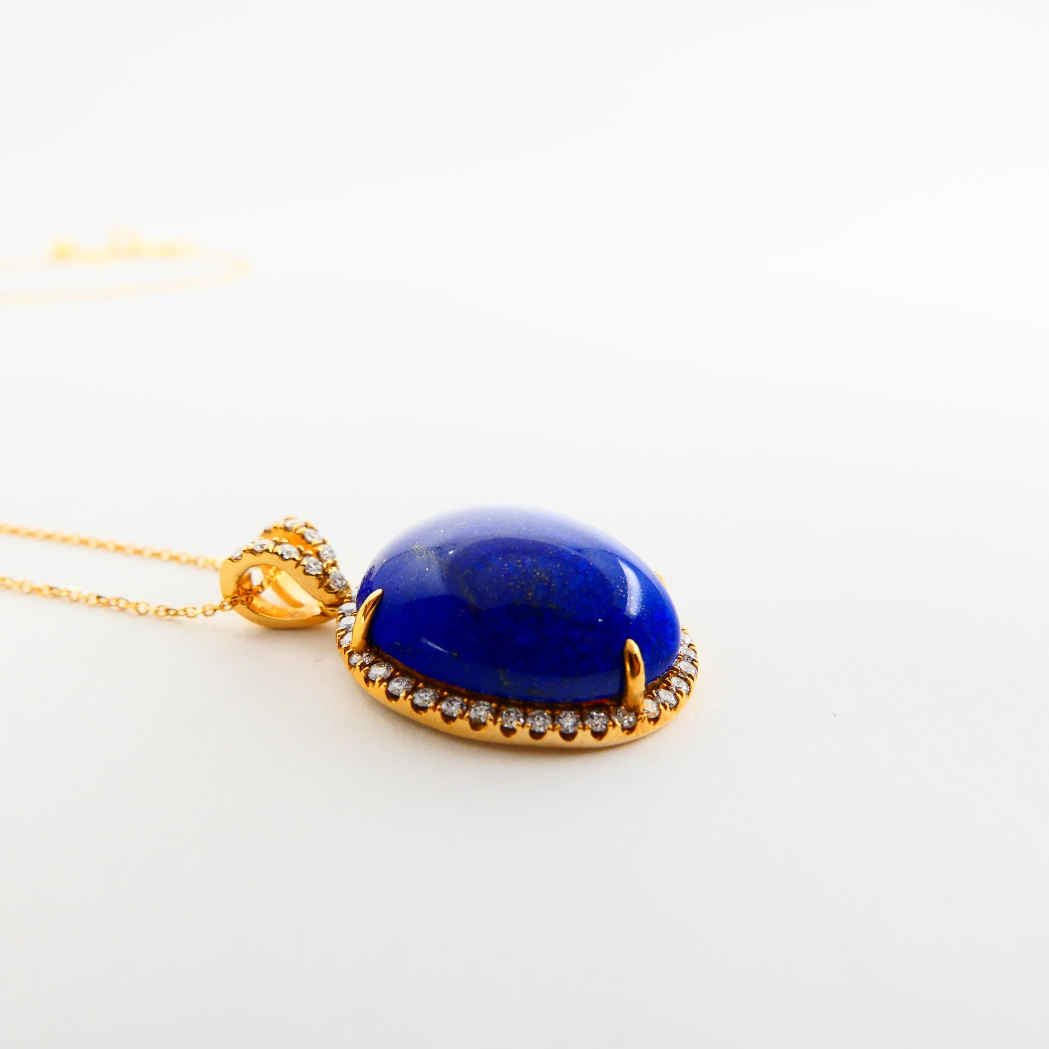 Royal Blue Lapis Lazuli & Diamond Pendant Drop Necklace, Gold Veins & Gold Spots For Sale 1