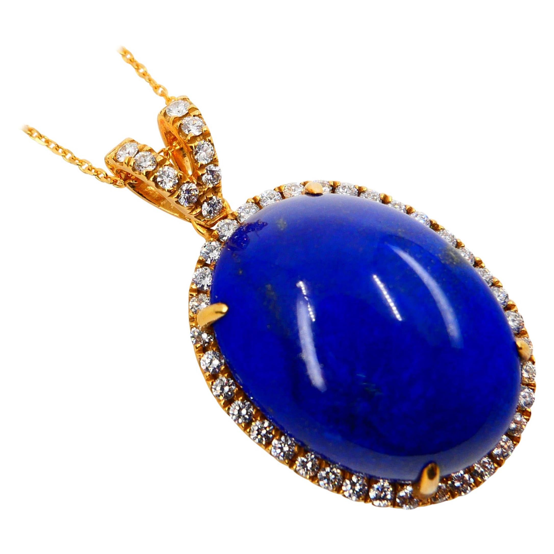 Royal Blue Lapis Lazuli & Diamond Pendant Drop Necklace, Gold Veins & Gold Spots