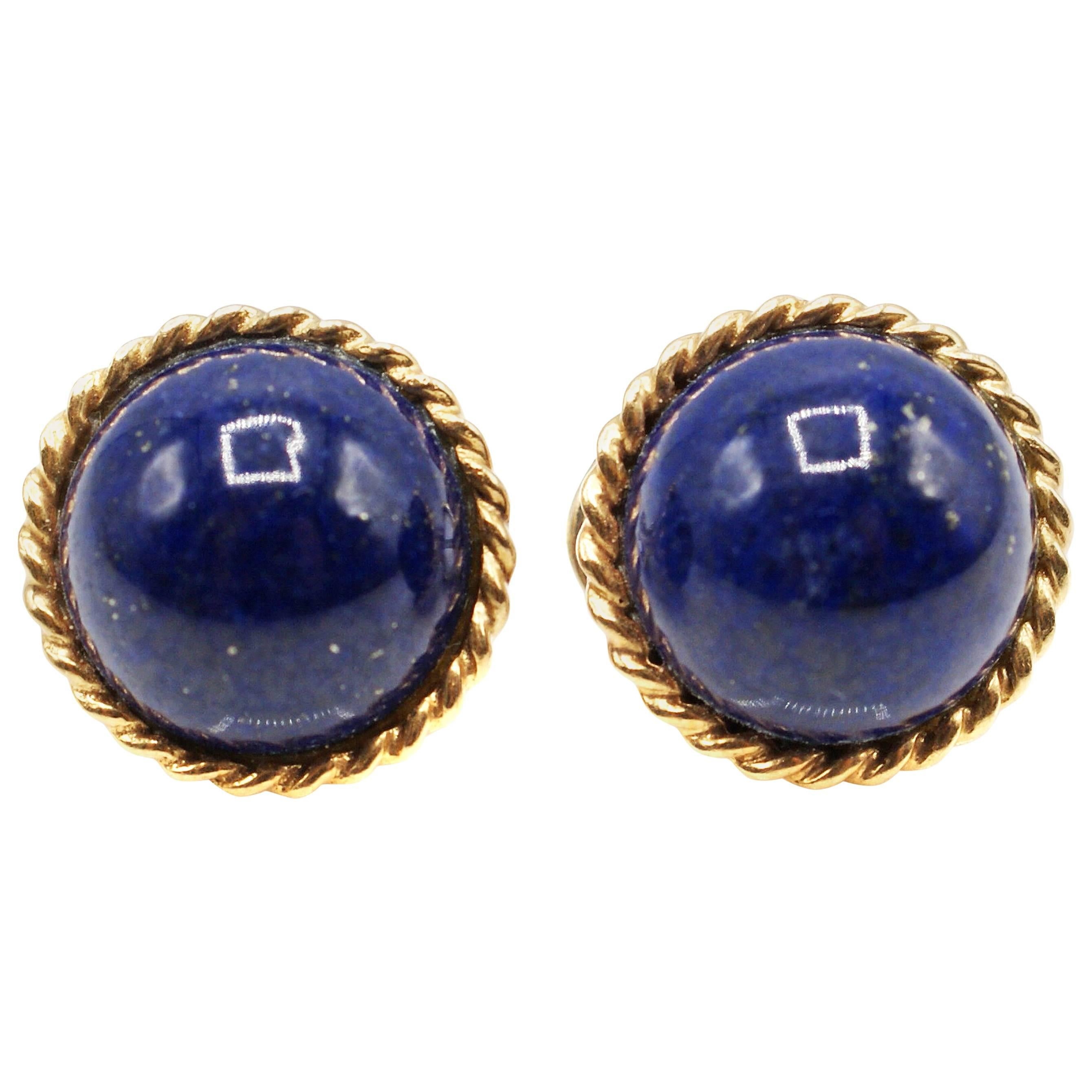 Royal Blue Lapis Lazuli Gold Braid Edge Ear Clips In Excellent Condition In New York, NY