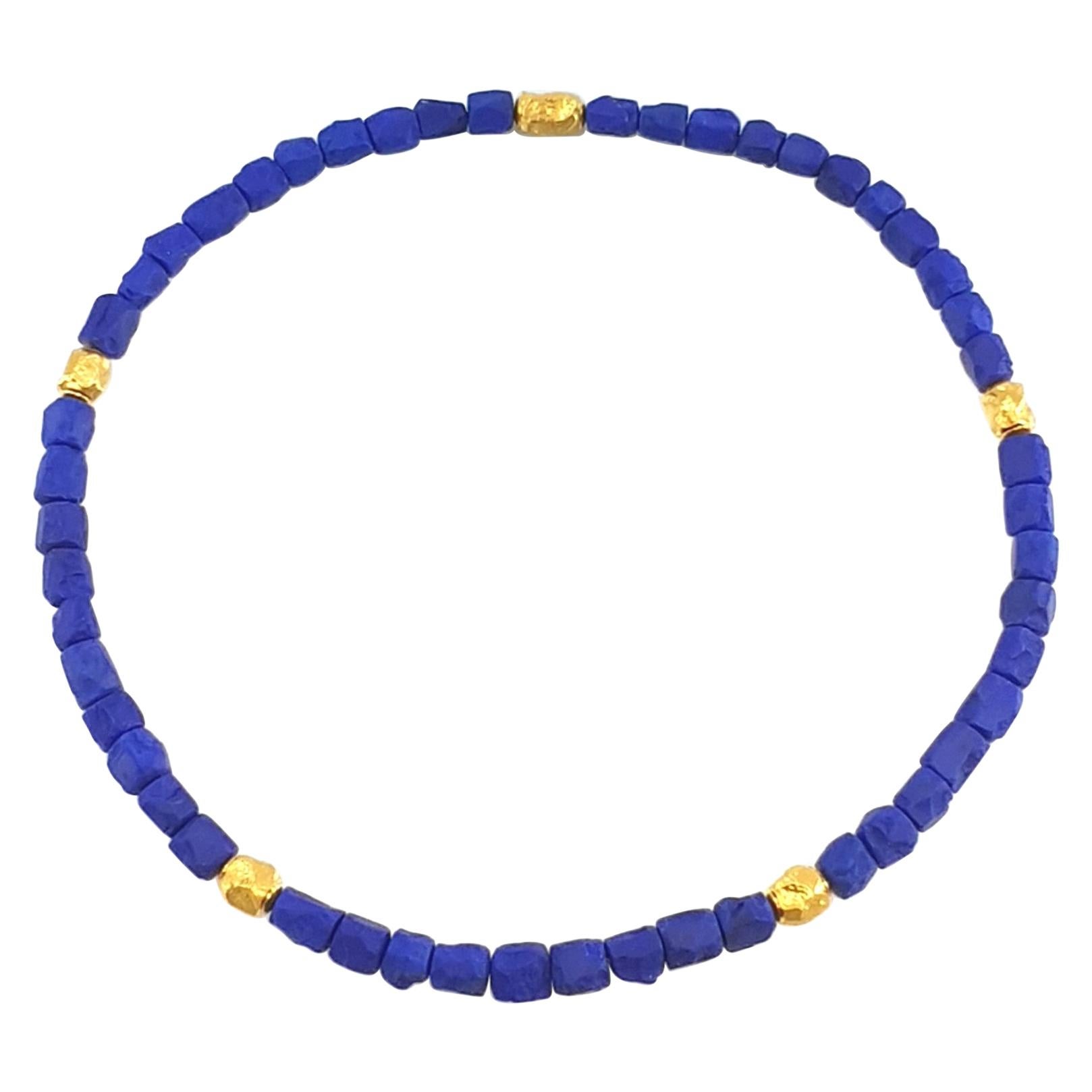 Royal Blue Lapis Lazuli Nugget Beaded Necklace with 18 Carat Mat Yellow Gold