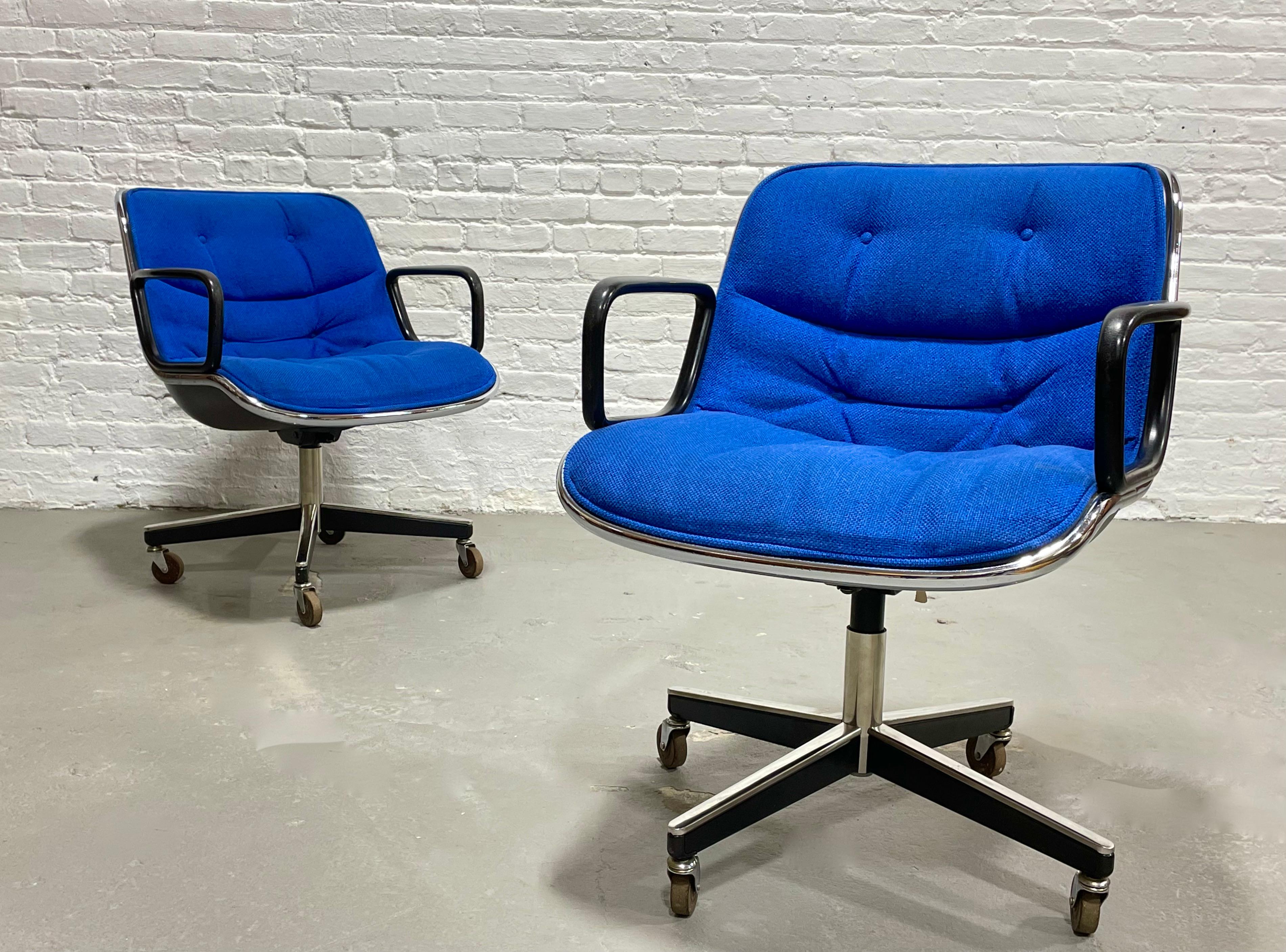 Mid-Century Modern royal blue pollock knoll office chair. Superbly comfortable chair and perfectly tufted with all buttons intact. The gorgeous bright royal blue is a rare color for this chair and contrasts beautifully with the black and chrome
