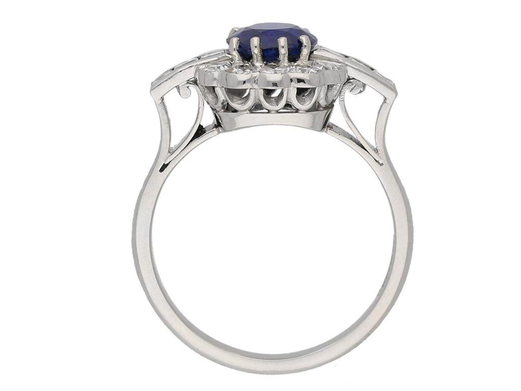 Art Deco Royal Blue Natural Unenhanced Burmese Sapphire Diamond Platinum Engagement Ring For Sale