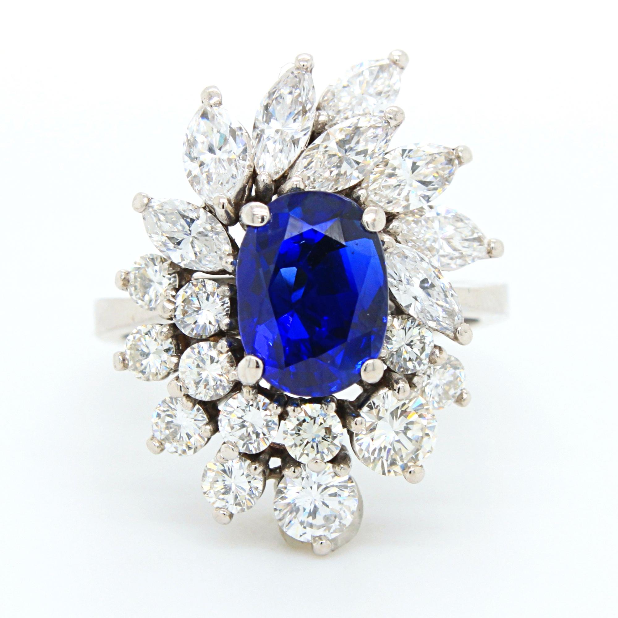 Cushion Cut Royal Blue No-Heat Burma Sapphire and Diamond Ring