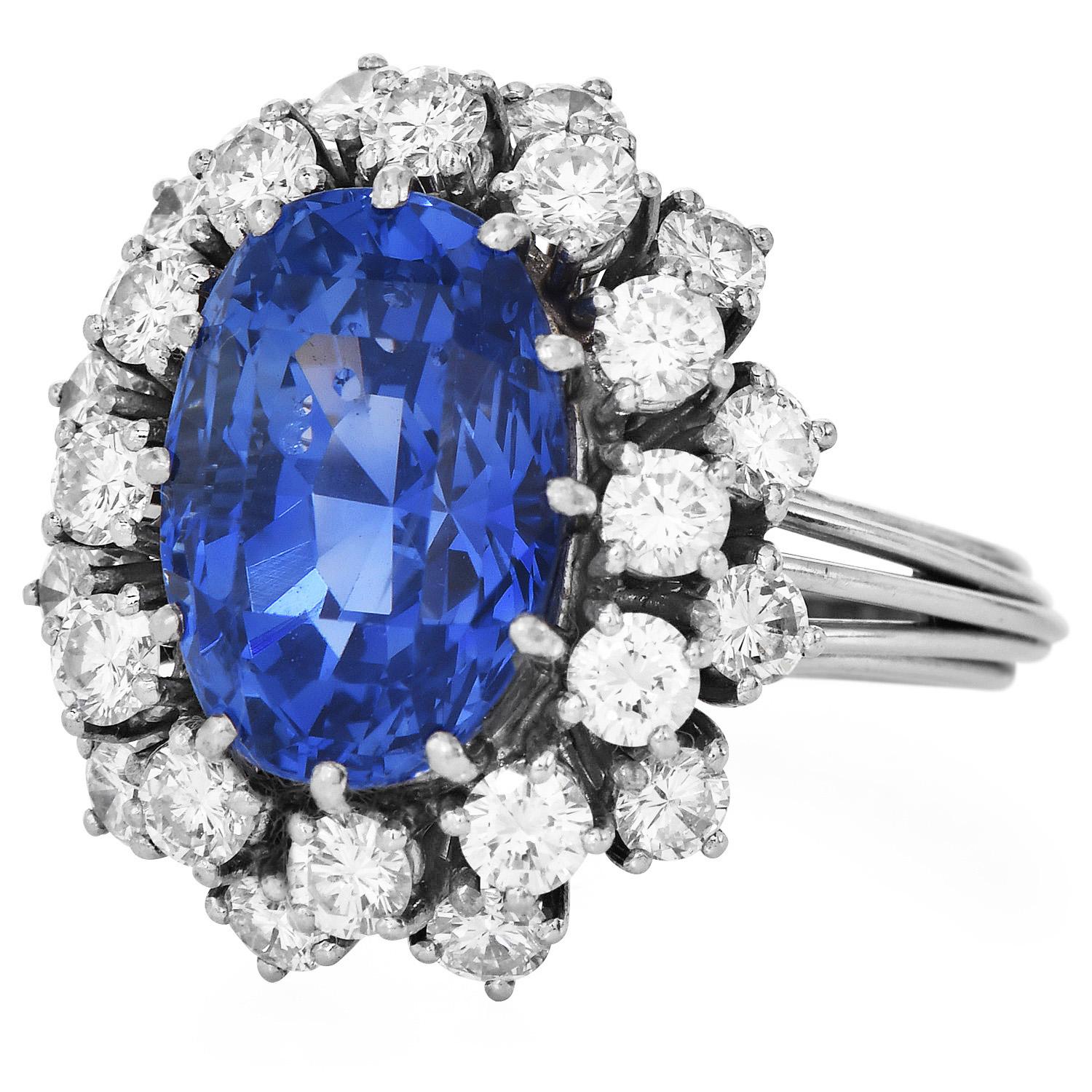 Retro Royal Blue No Heat Natural GIA Ceylon Sapphire 10.50cts Diamond Ring For Sale
