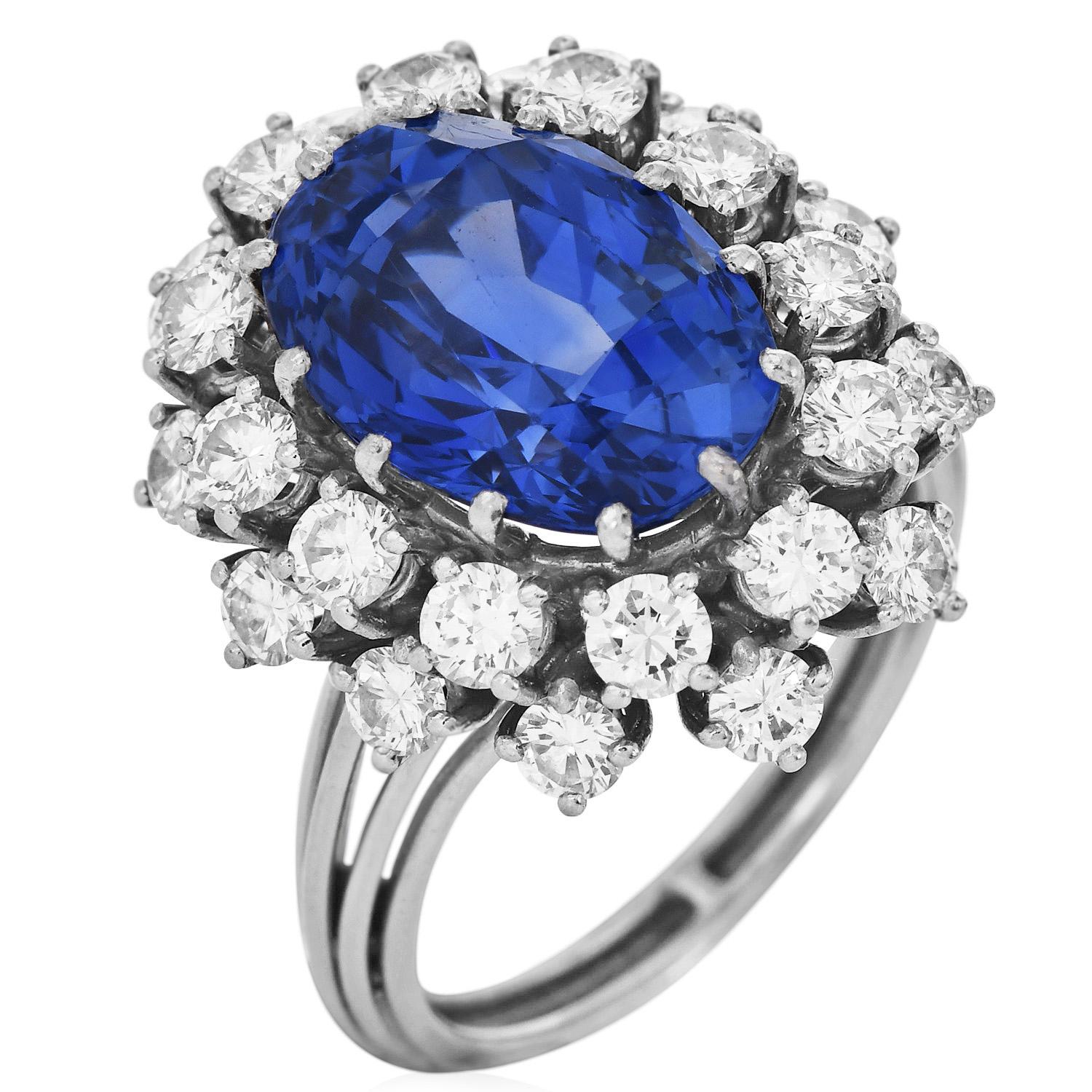 Oval Cut Royal Blue No Heat Natural GIA Ceylon Sapphire 10.50cts Diamond Ring For Sale