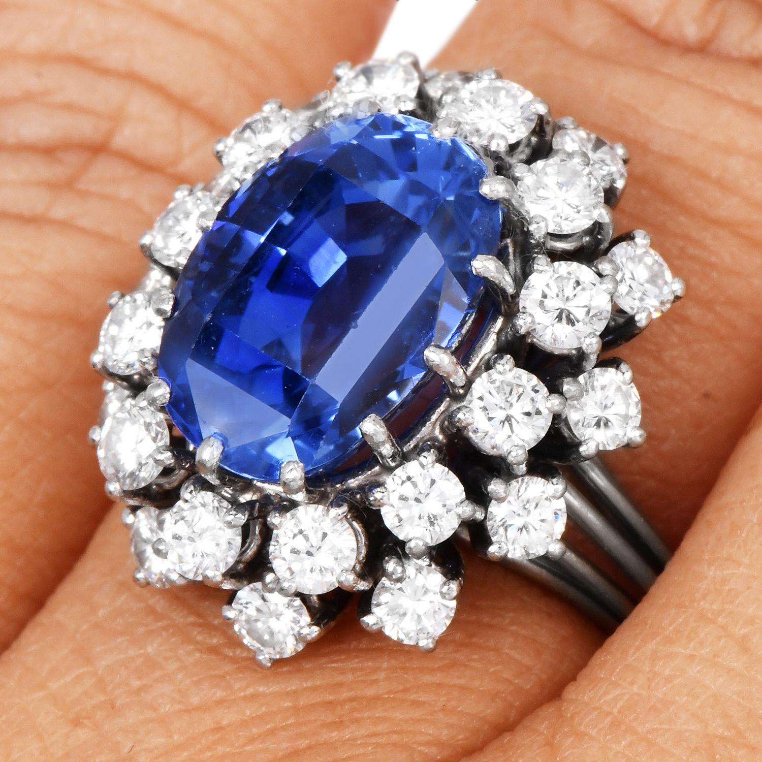 Royal Blue No Heat Natural GIA Ceylon Sapphire 10.50cts Diamond Ring For Sale 1