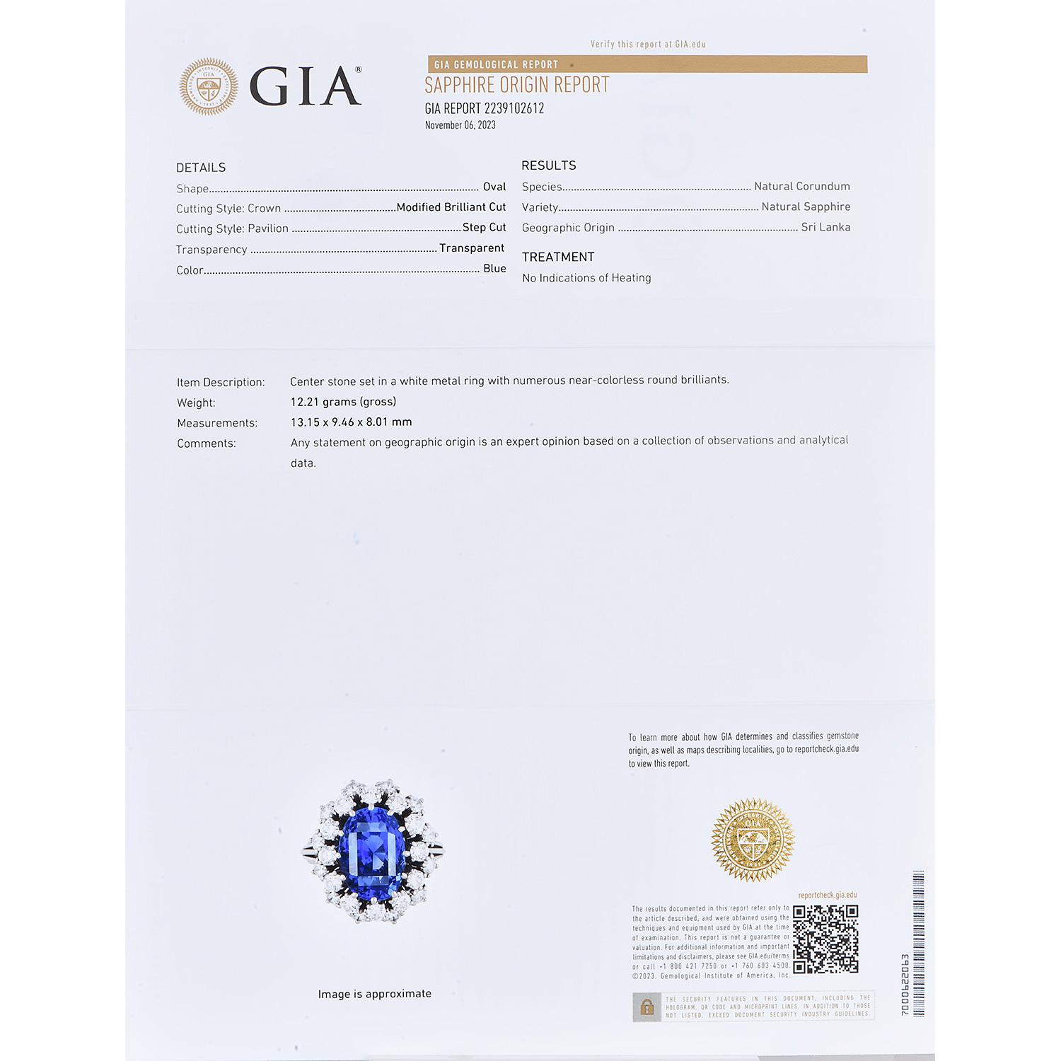 Royal Blue No Heat Natürlicher GIA Ceylon Saphir 10,50 Karat Diamantring im Angebot 3