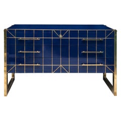 Royal Blue Opaline Glass Italian Chest of Drawers with Brass Fittings, 1970s