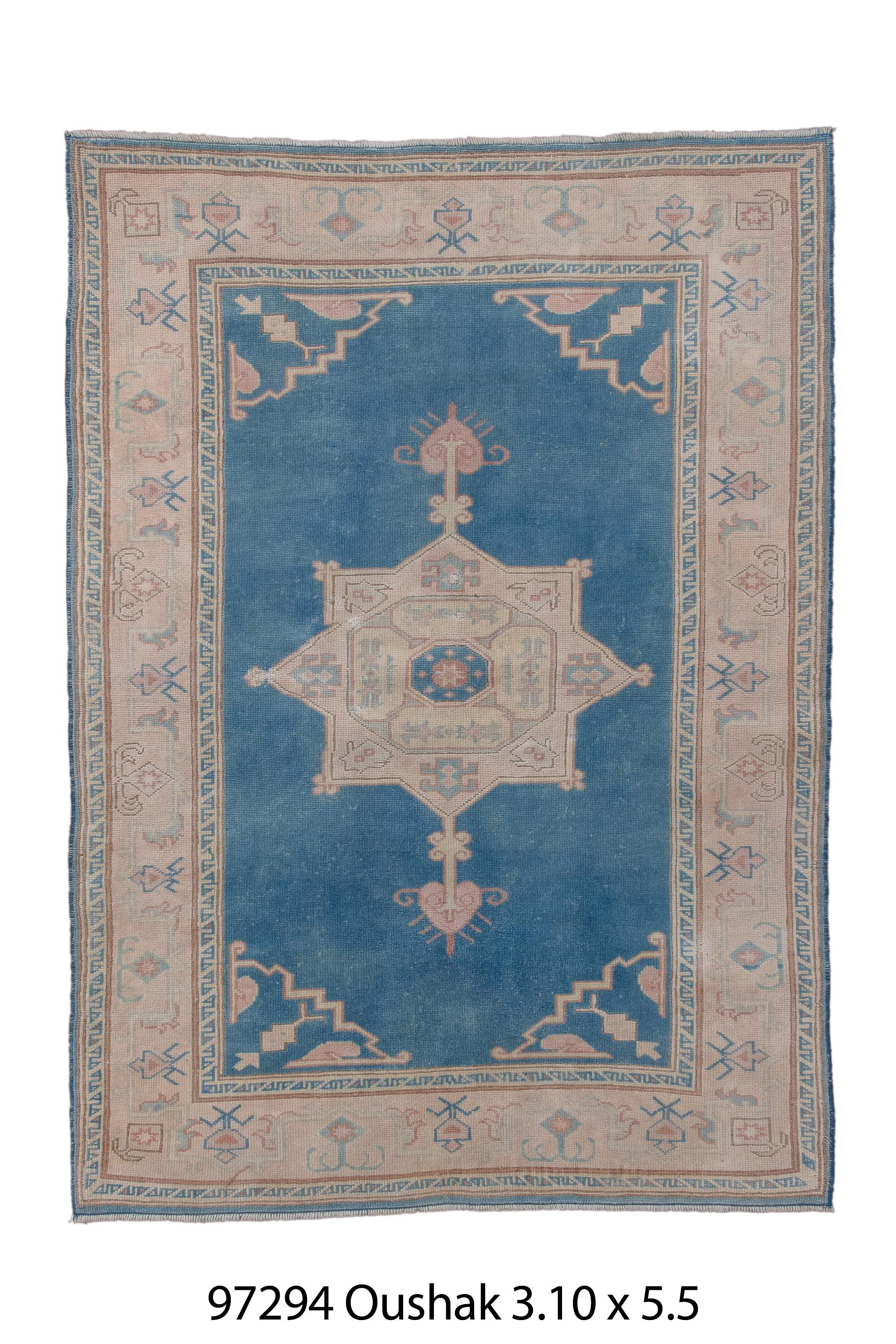 The royal blue open field hosts a centrally positioned pendanted, cream Octobergramme medallion, with stepped, sketchy blue corners.  Sandy straw main border with humanoid stick figures and small lozenges. Moderate weave.  Good condition.

Rug