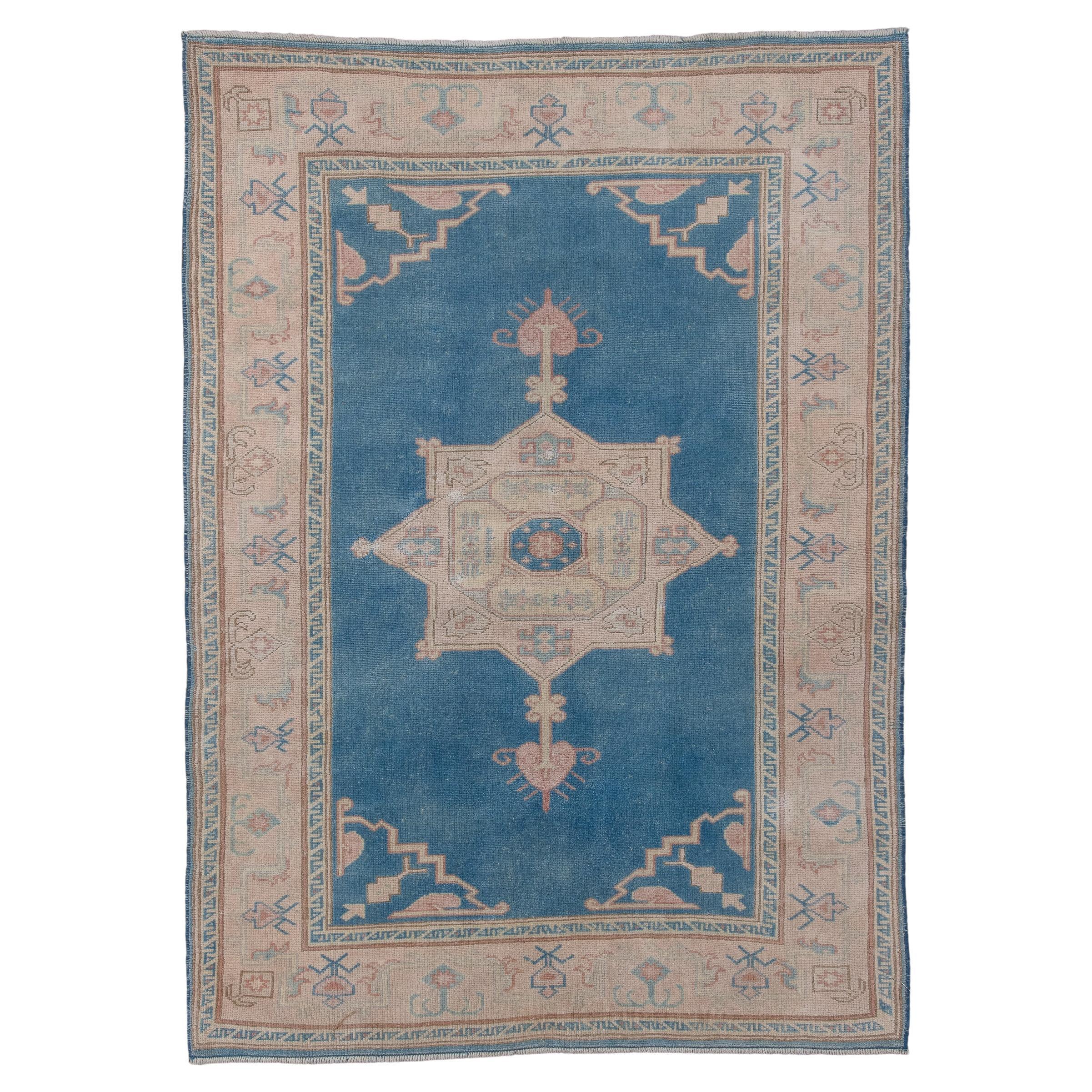 Royal Blue Open Field Oushak with Center Medallion  For Sale