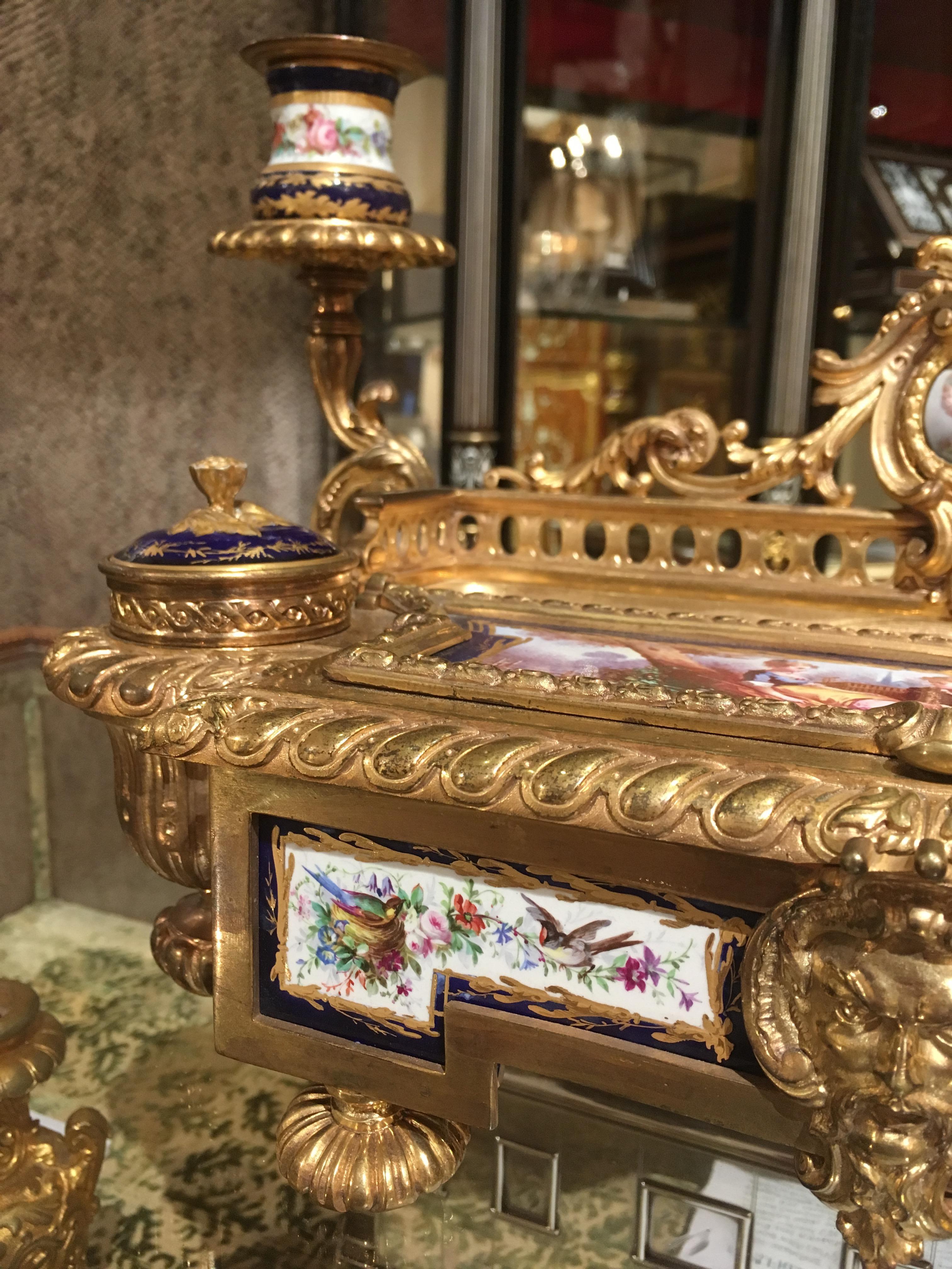 Ormolu Royal Blue Porcelain and Gilt Bronze Inkwell and Pen Tray in the Louis XVI Taste For Sale