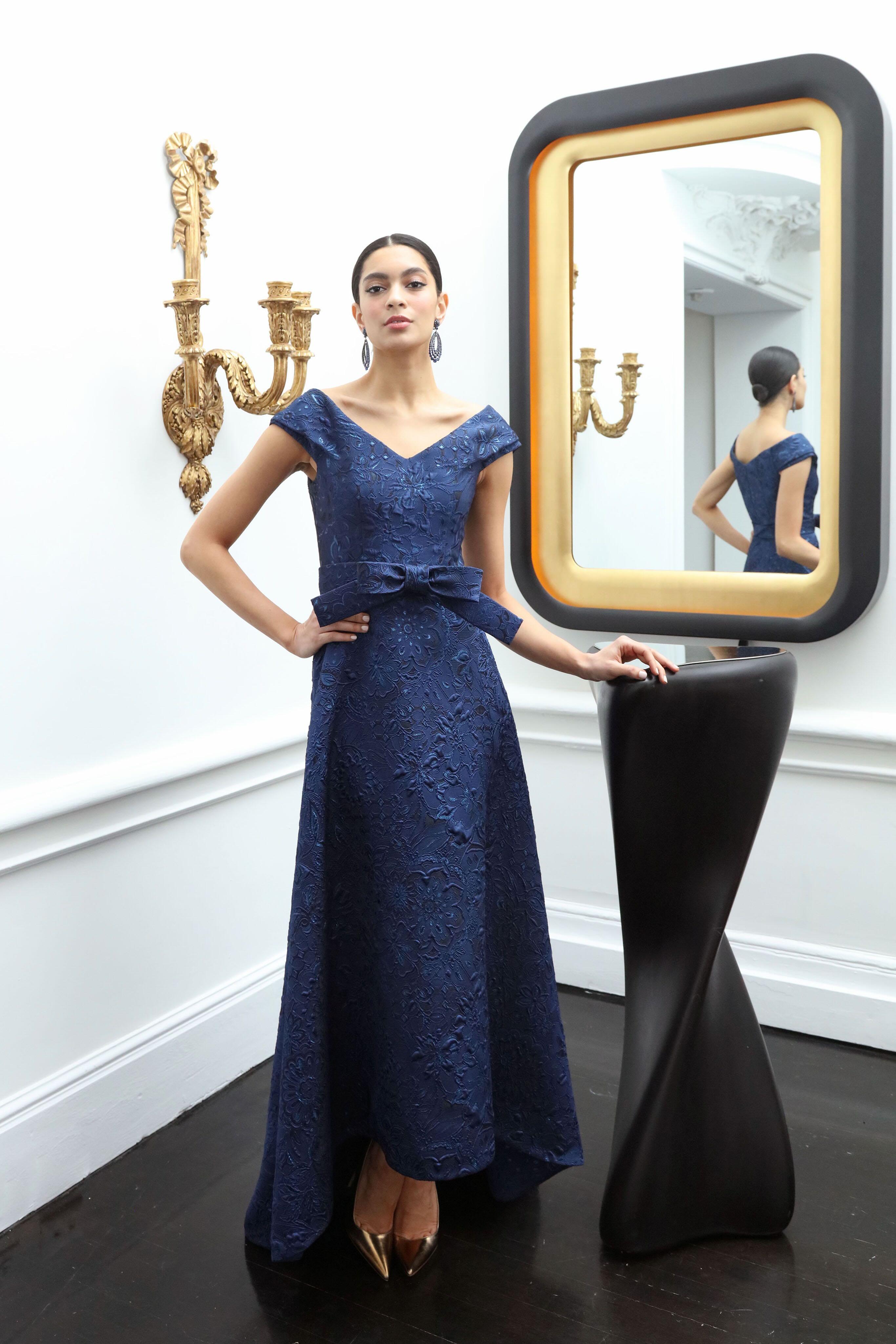 High Low Royal Blue French Brocade Portrait V Neck Gown with Matching Bow Belt For Sale 5