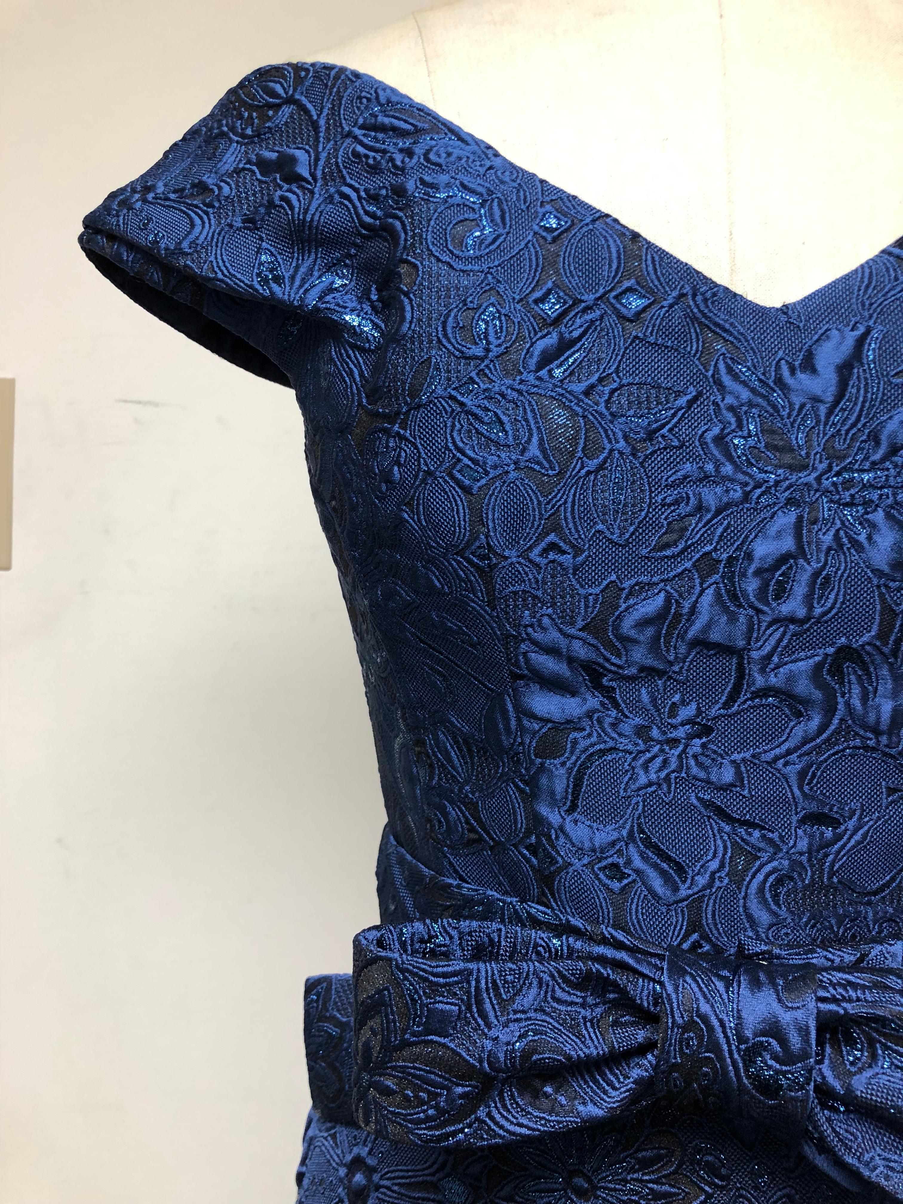 Royal Blue Portrait V Neck Fit Flare High Low Gown with Bow Belt andTrain  In Excellent Condition For Sale In Los Angeles, CA