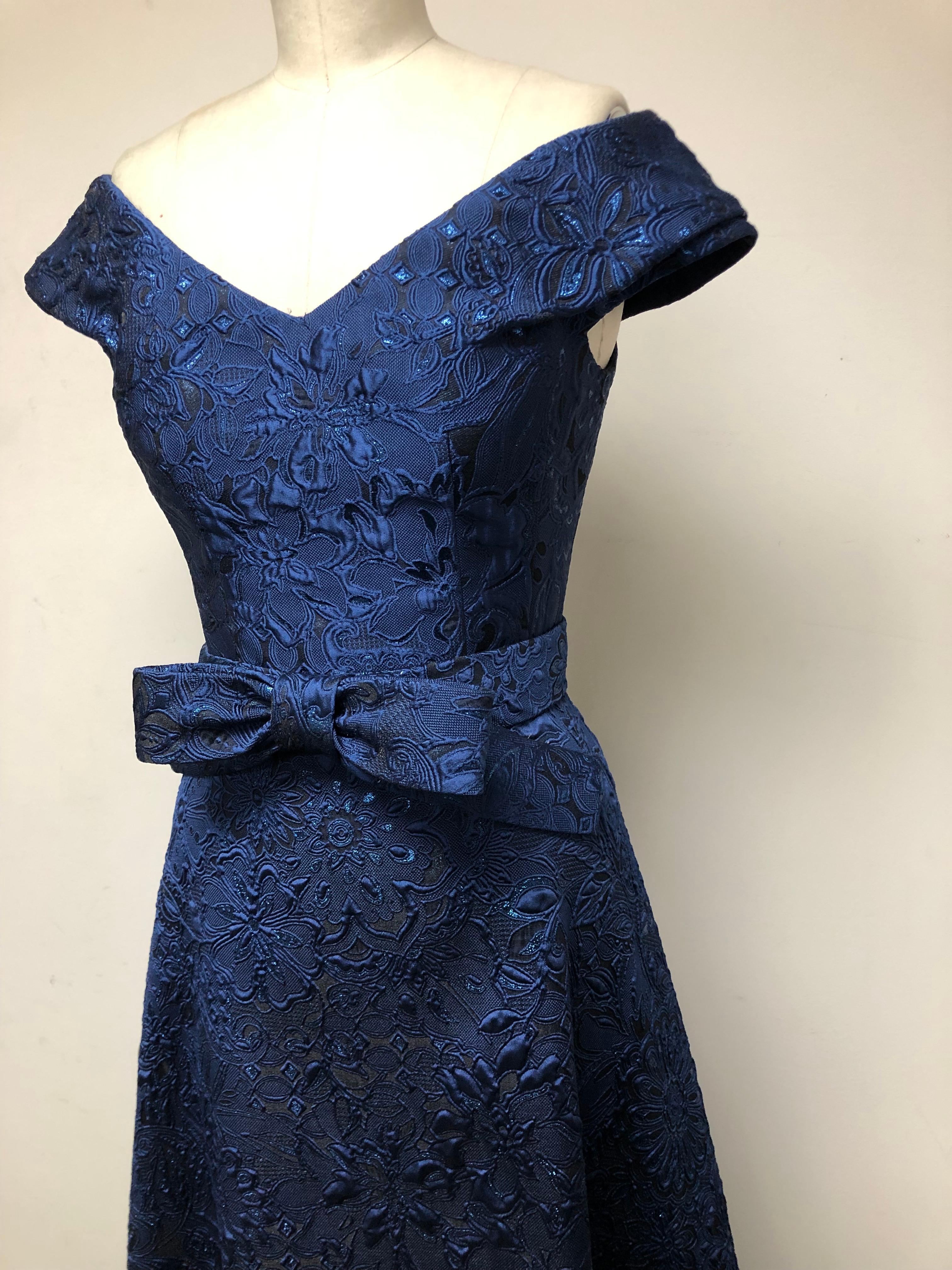 High Low Royal Blue French Brocade Portrait V Neck Gown with Matching Bow Belt In Excellent Condition For Sale In Los Angeles, CA