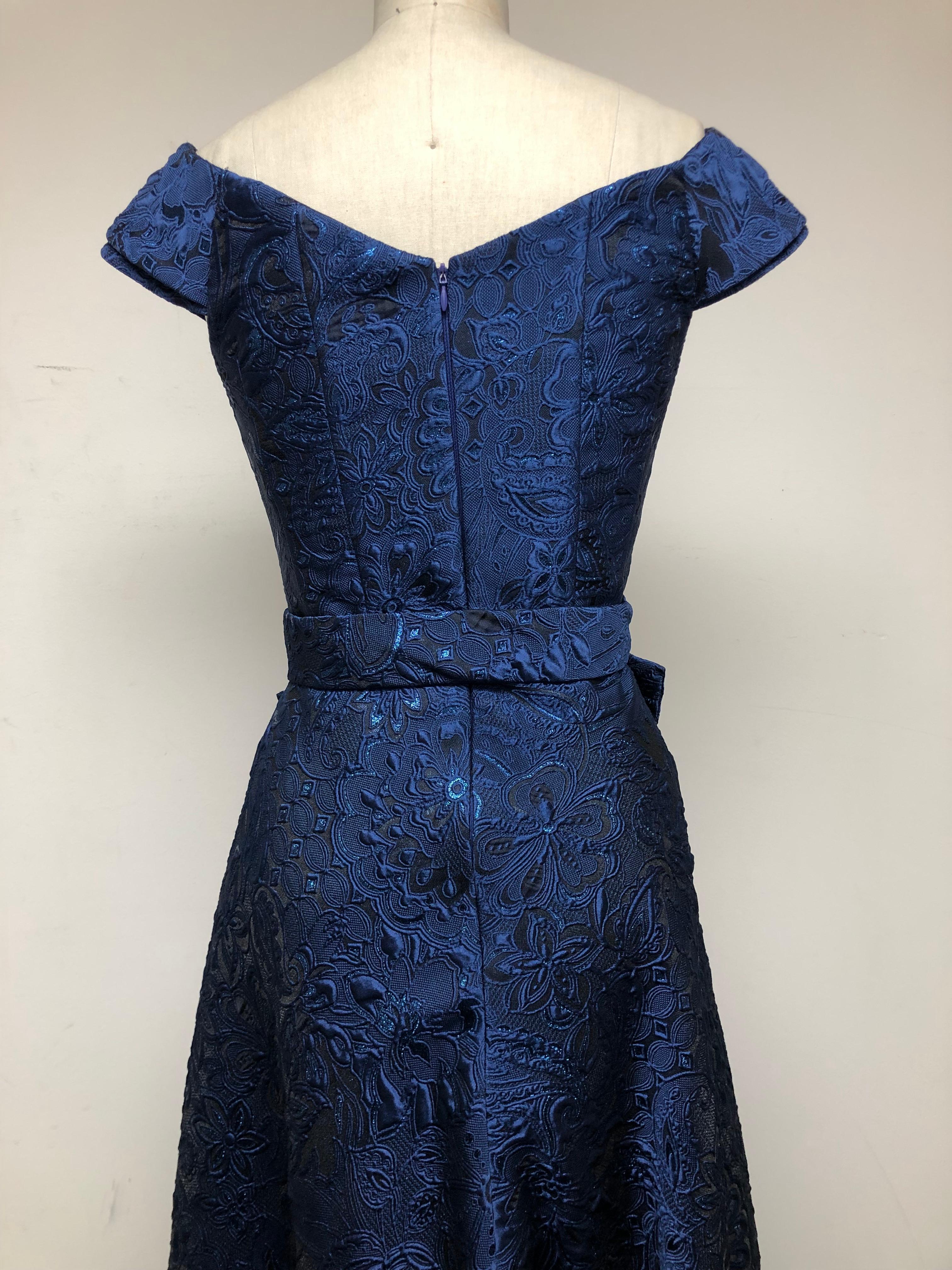 High Low Royal Blue French Brocade Portrait V Neck Gown with Matching Bow Belt For Sale 4